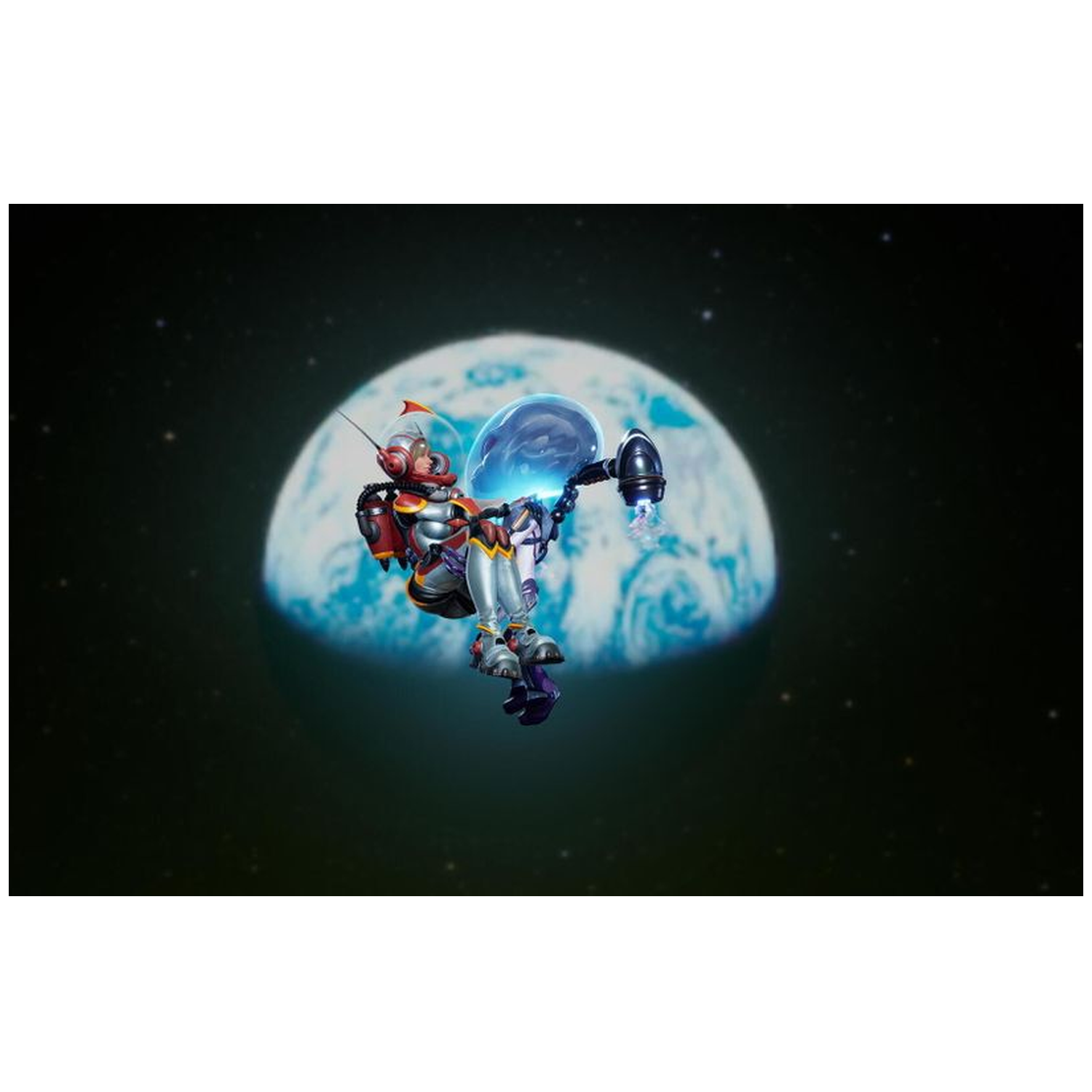 Astronaut in zilveren en rode pak zweeft in de ruimte, houdt blauwe bol bij een planeet.