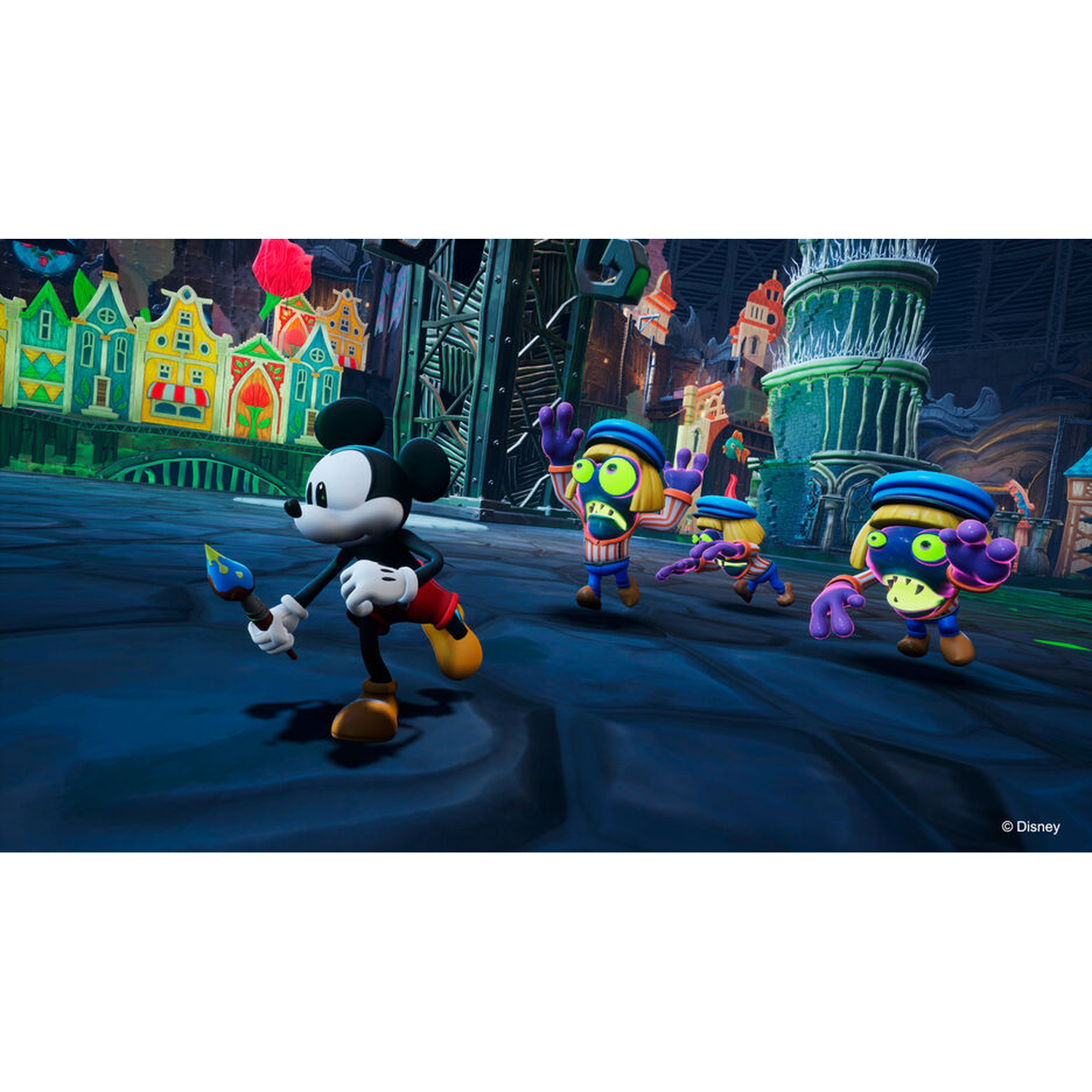 Mickey Mouse met een kwast staat voor kleurrijke huizen en drie paarse wezens.