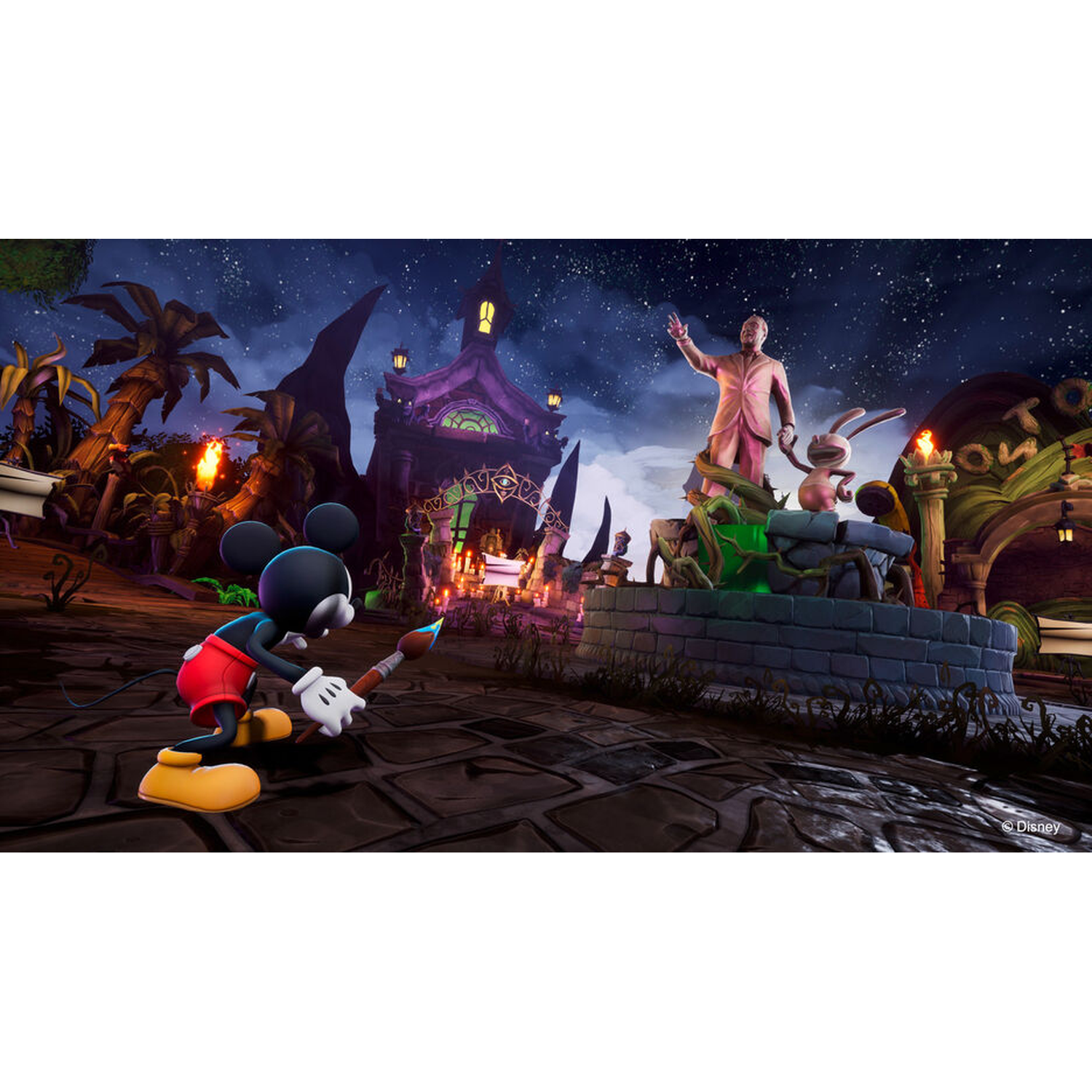 Mickey Mouse schildert voor een spookachtig kasteel en standbeeld onder een sterrenhemel.