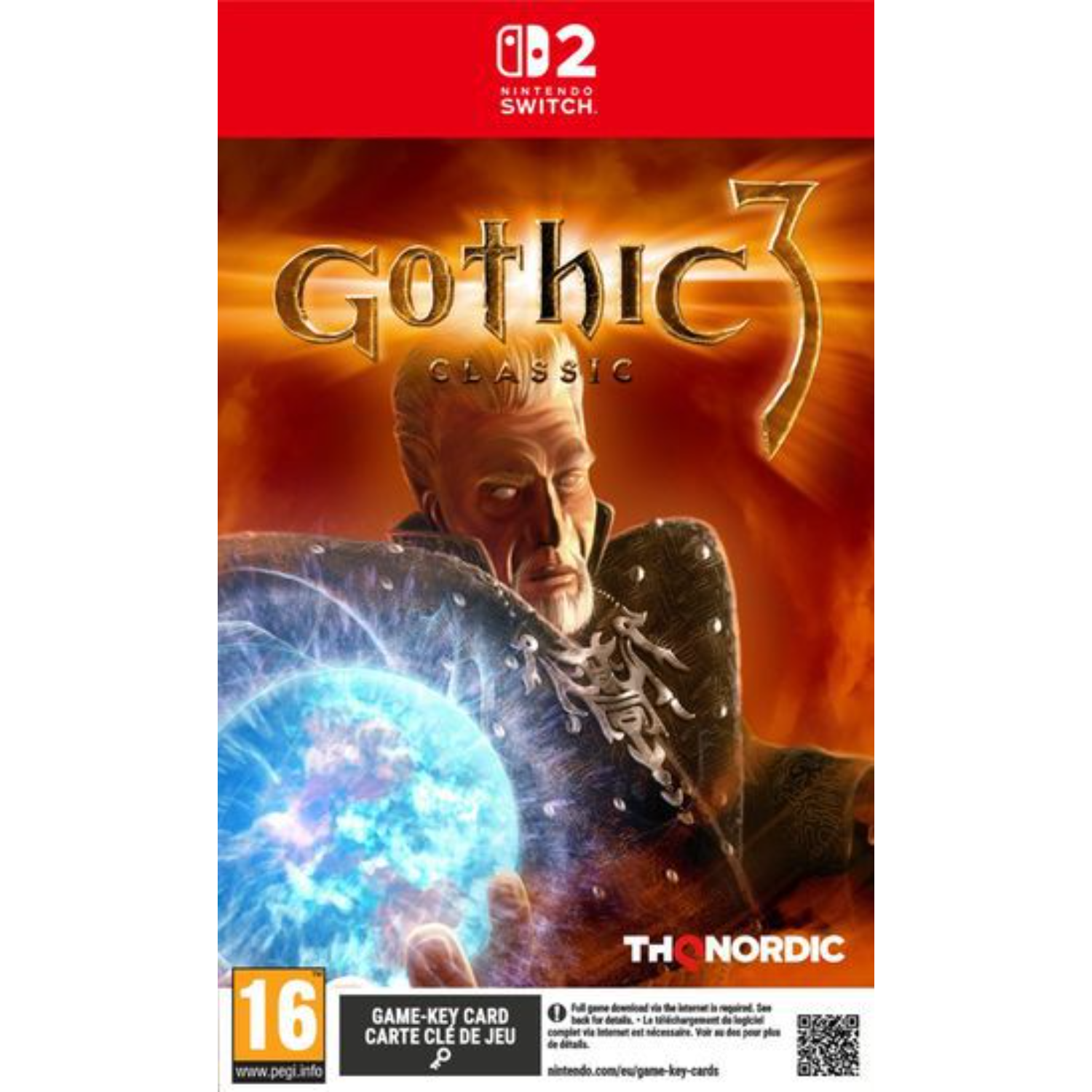 Een man met baard houdt een gloeiende blauwe bol vast. Gothic 3 Classic cover.