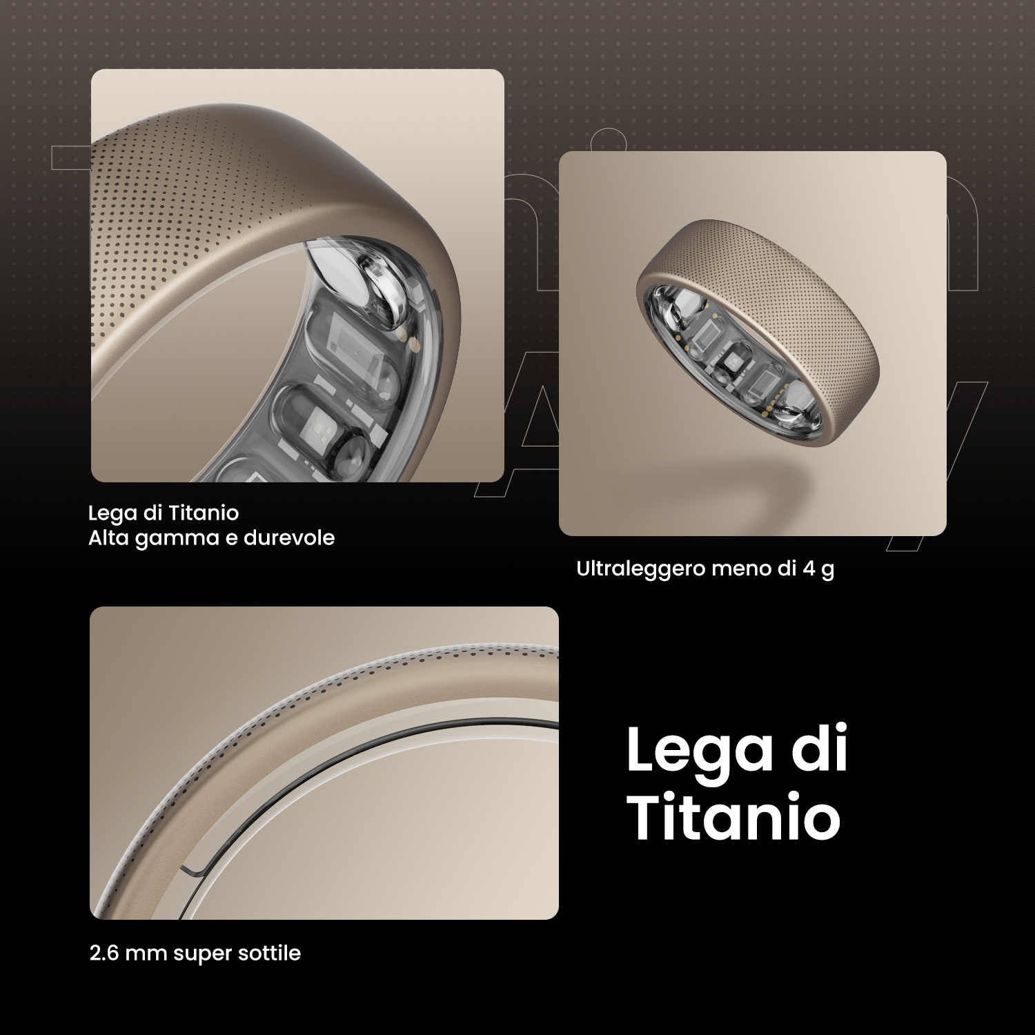 Anello in titanio dorato con perforazione e componenti interni. Sottile e leggero.