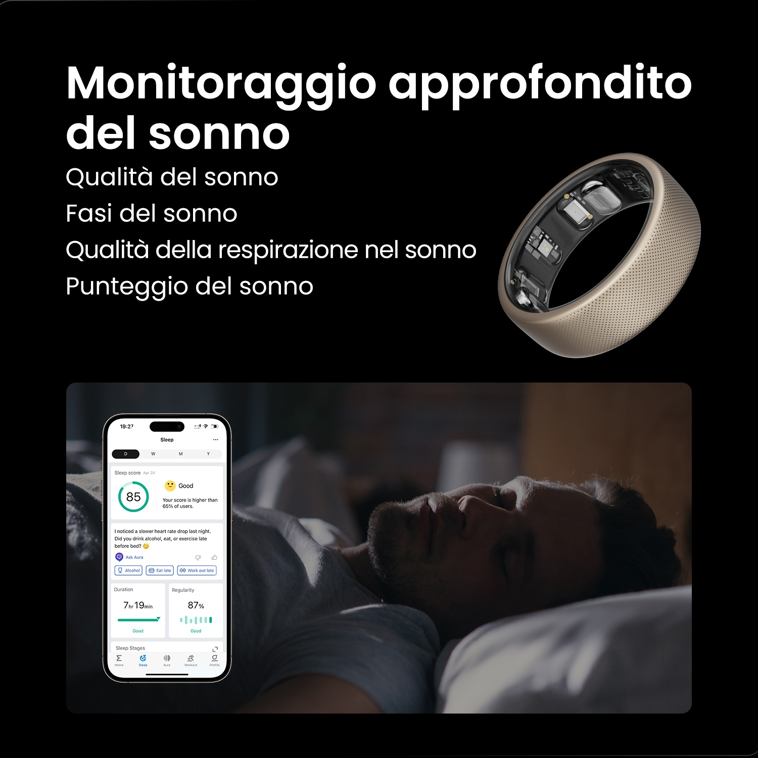 Un uomo dorme mentre uno smartphone monitora il suo sonno. Un anello è accanto.