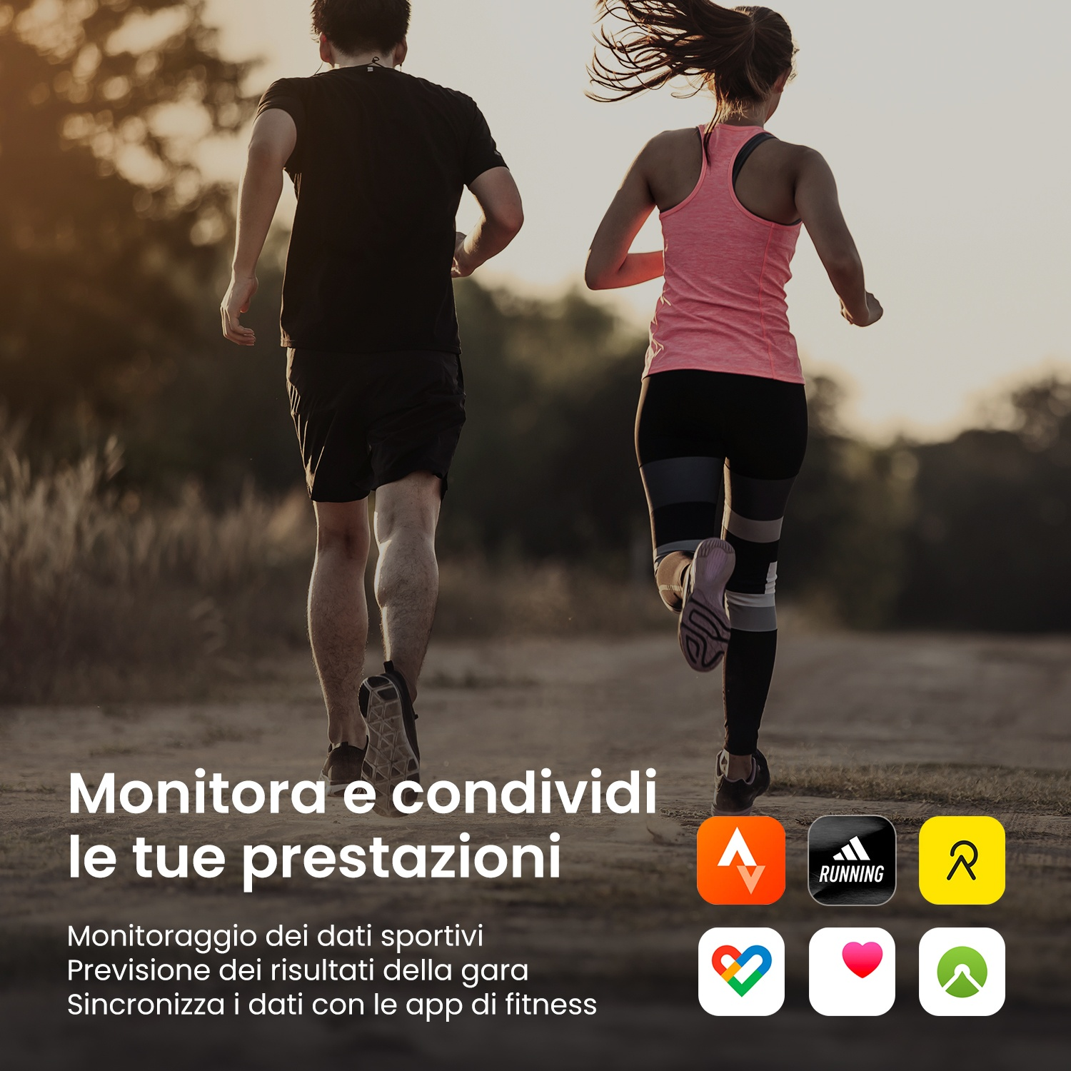 Due corridori, uomo e donna, corrono su un sentiero di terra. Diverse icone di app fitness.