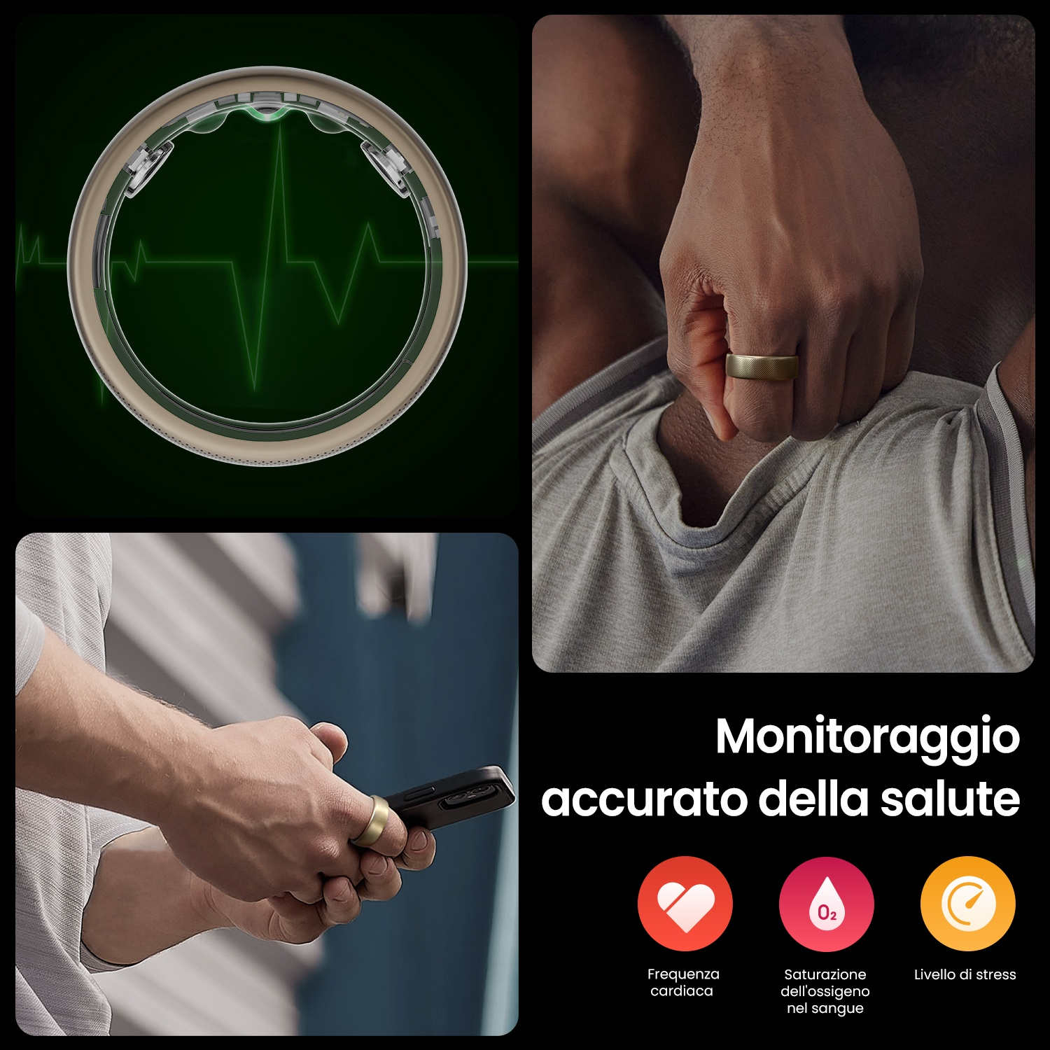 Un anello su un dito, un telefono in mano, scansione di un anello e icone vitali.