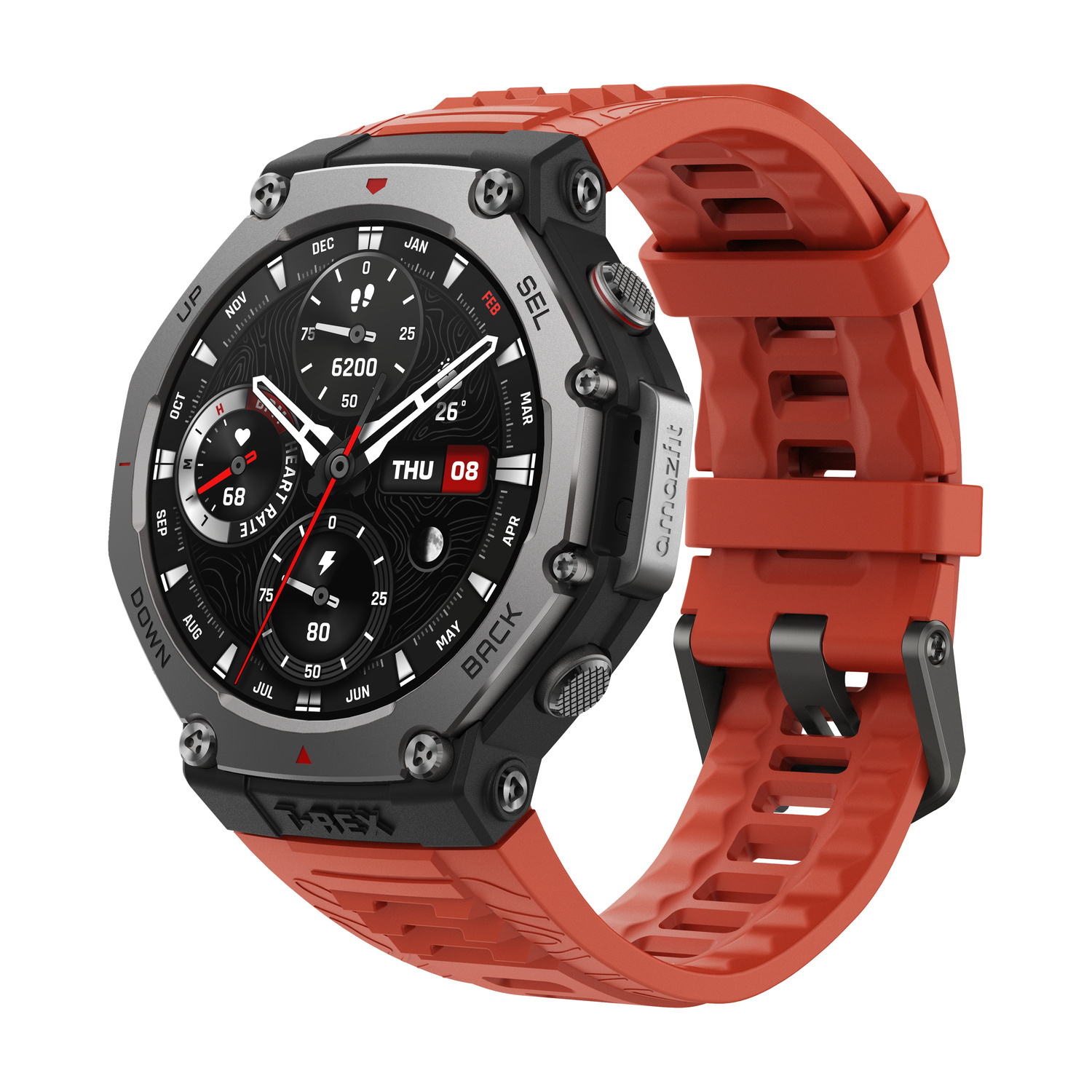 Uno smartwatch rosso con cassa grigia e quadrante nero.