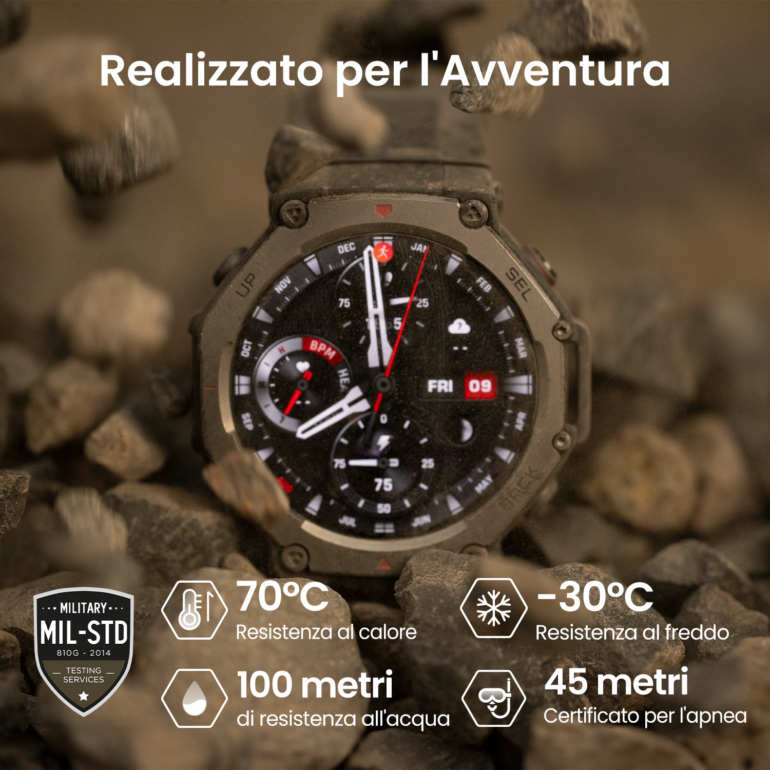 Display orologio outdoor robusto con specifiche per l'avventura.