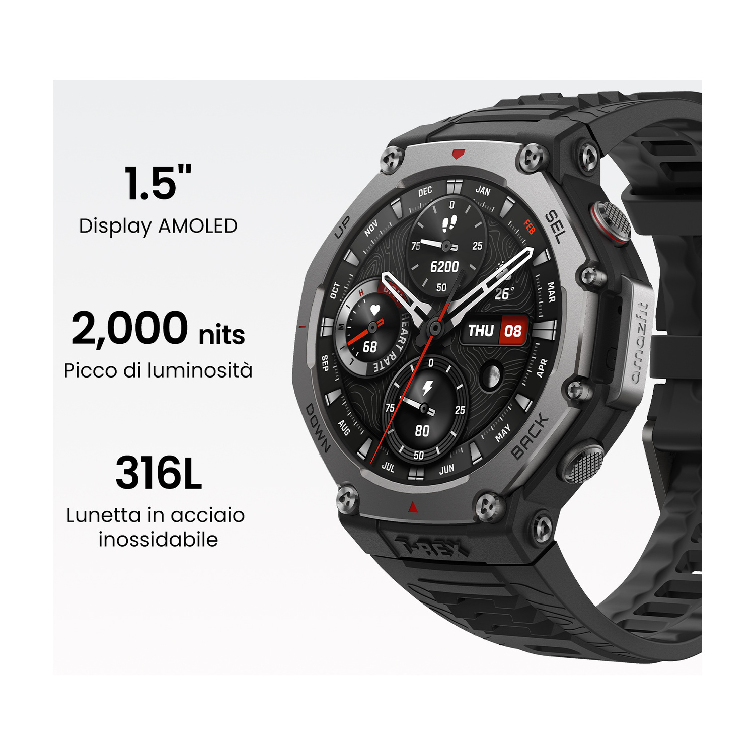 Smartwatch grigia con cinturino nero, display AMOLED e pulsanti argentati.