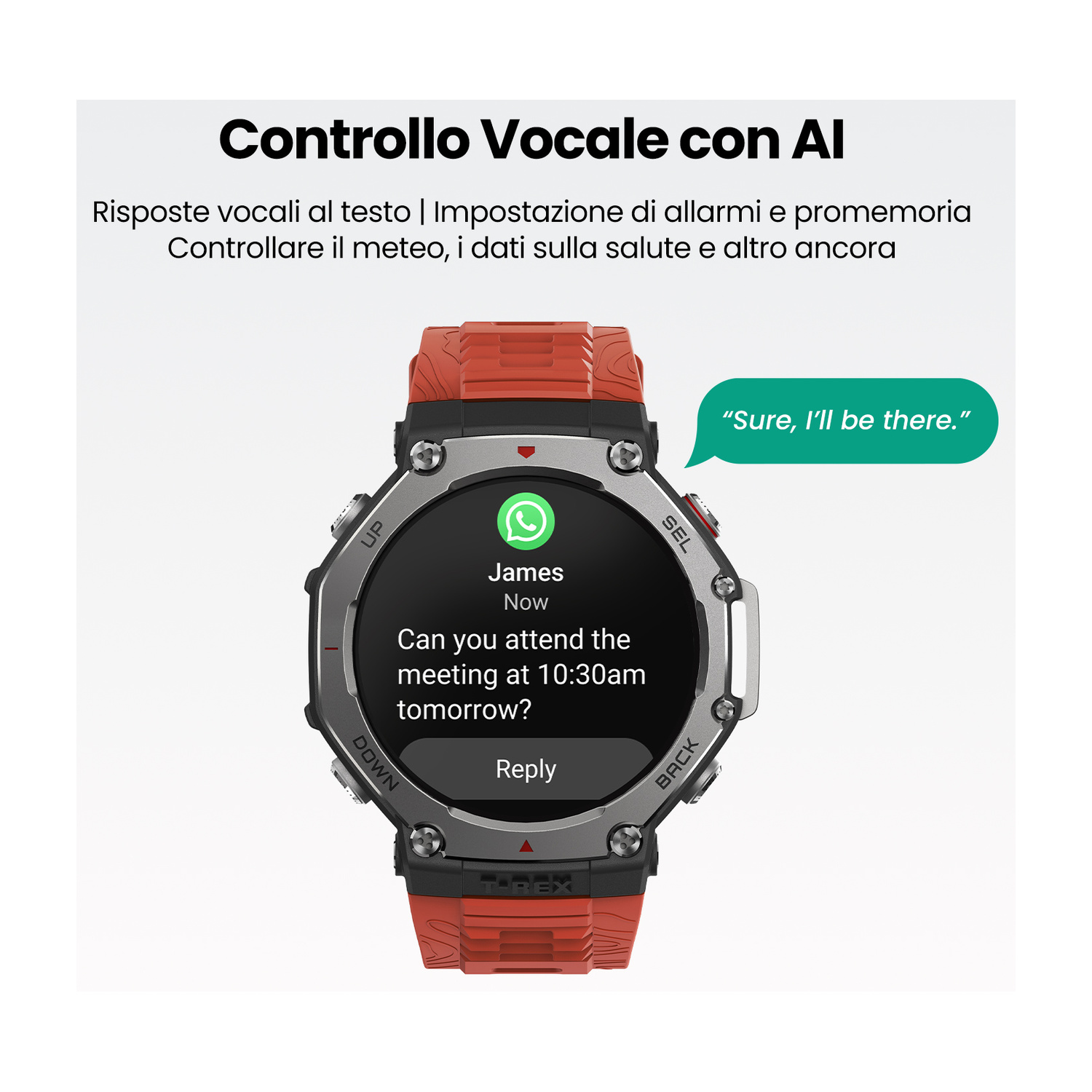 Uno smartwatch rosso mostra un messaggio: 'Puoi partecipare alla riunione domani alle 10:30?'