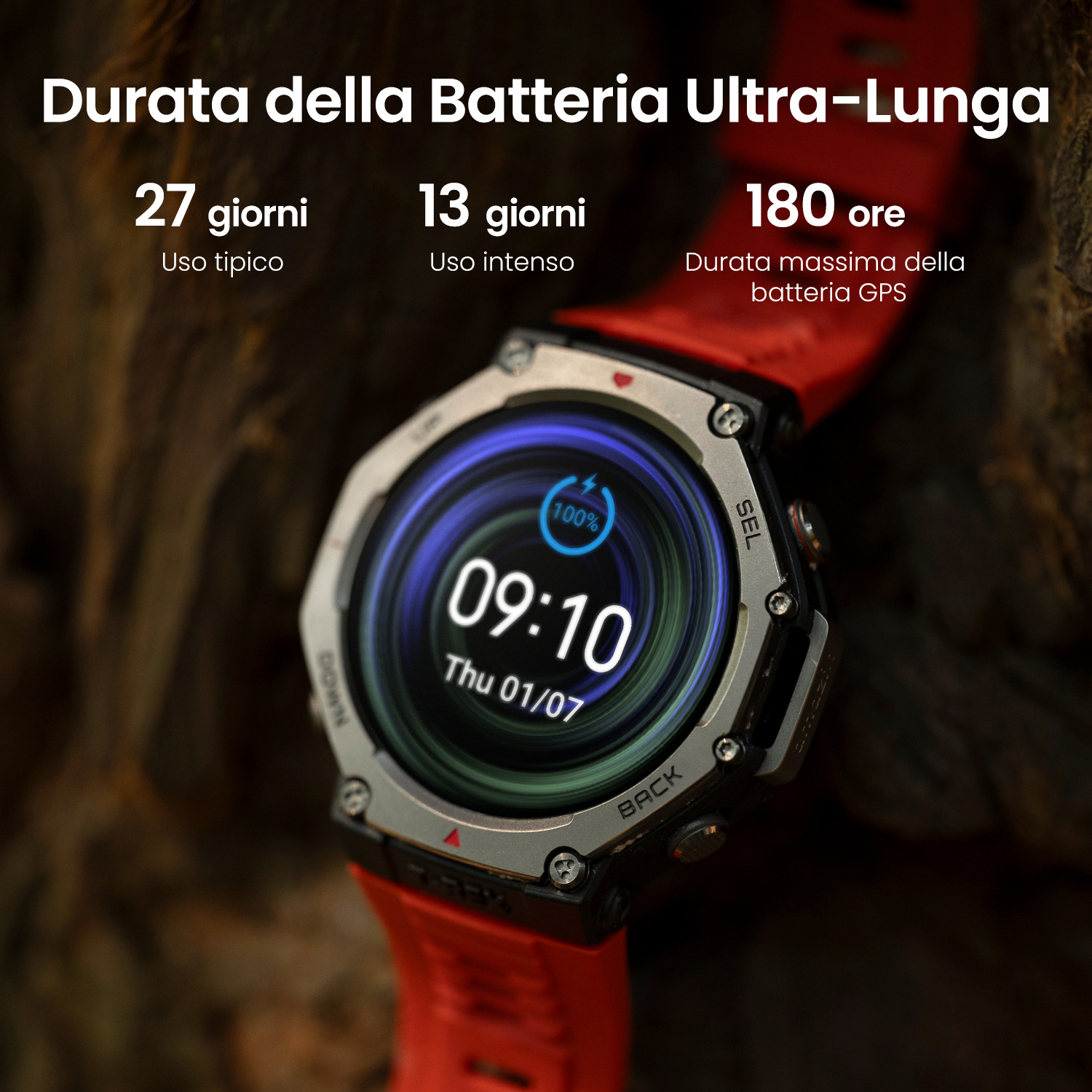Uno smartwatch rosso mostra 09:10 e 100% di batteria sul suo schermo.