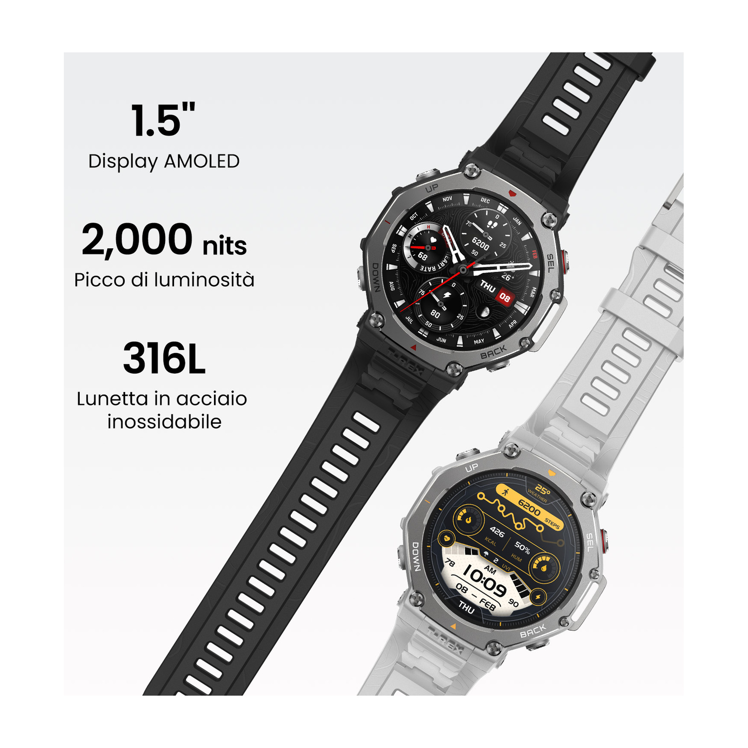 Due smartwatch, una nera e una bianca, con testo su display e materiale.