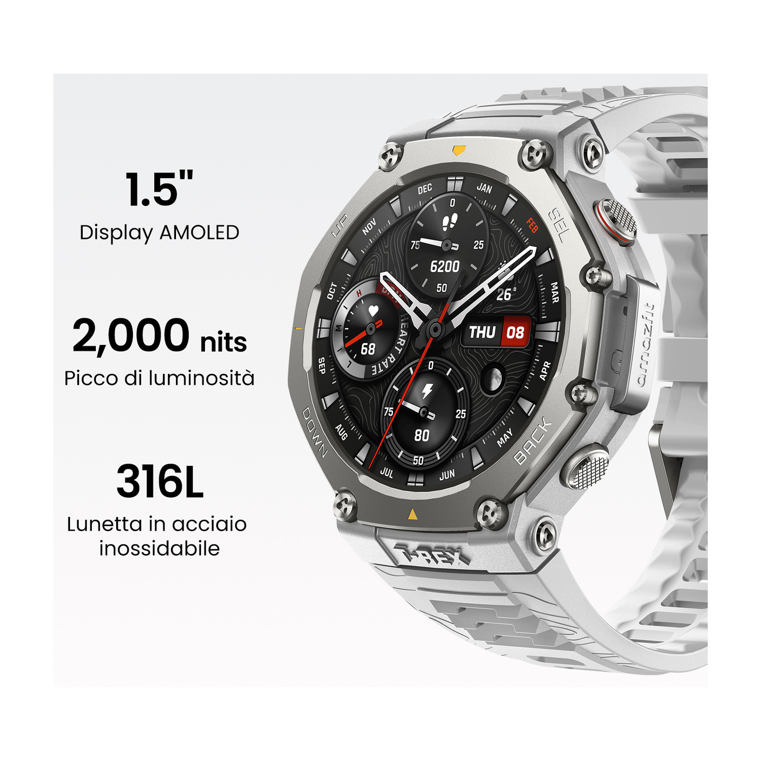 Uno smartwatch argentato con cinturino bianco e display AMOLED, mostra ora e battito cardiaco.
