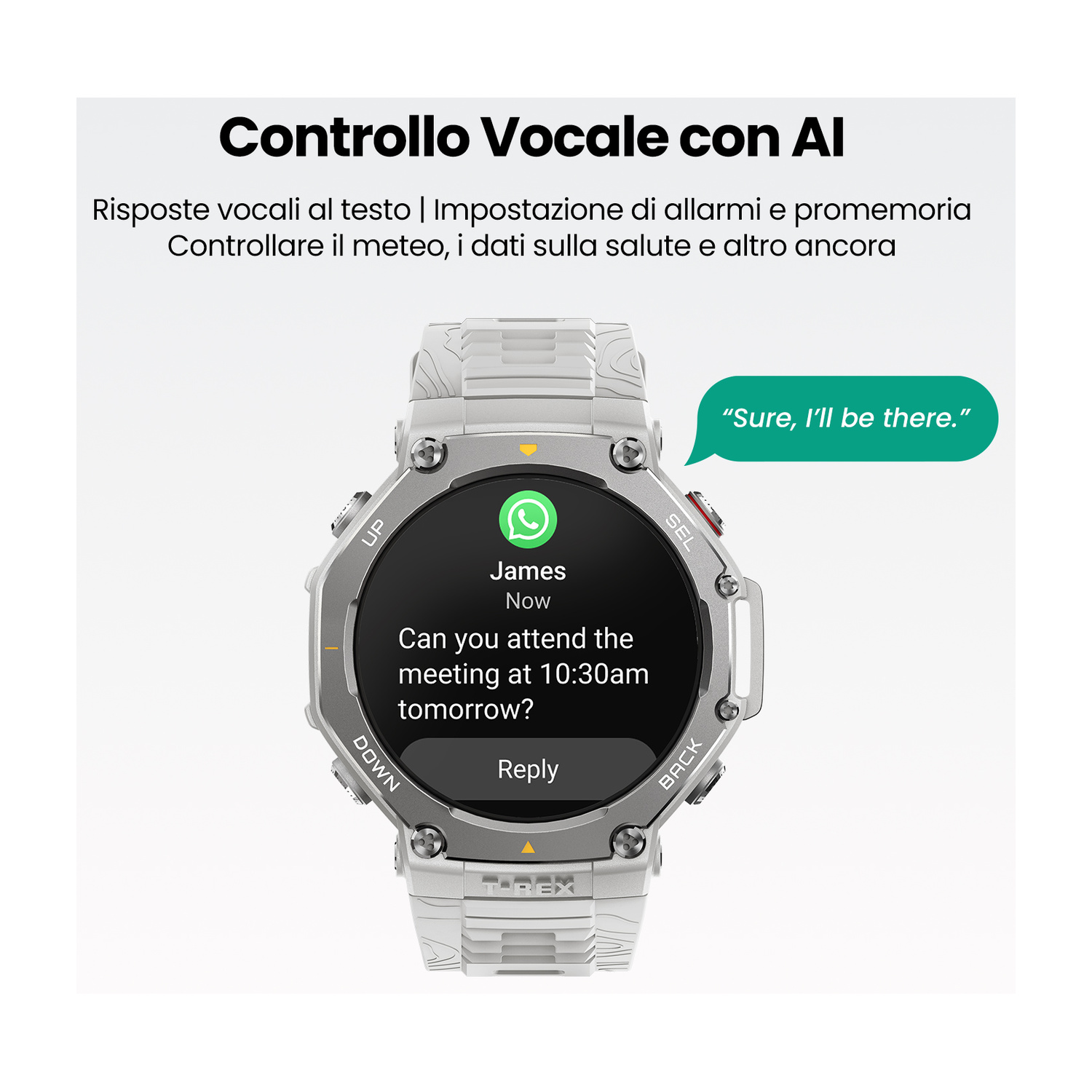 Uno smartwatch grigio mostra un messaggio WhatsApp che chiede di una riunione.