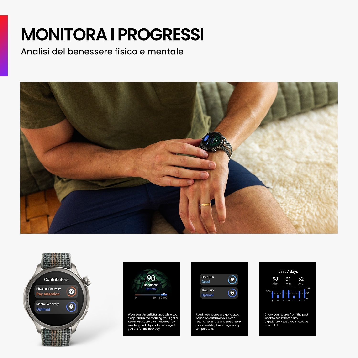 Uomo che controlla il suo smartwatch che mostra statistiche sanitarie, vicino a un peluche e una coperta.