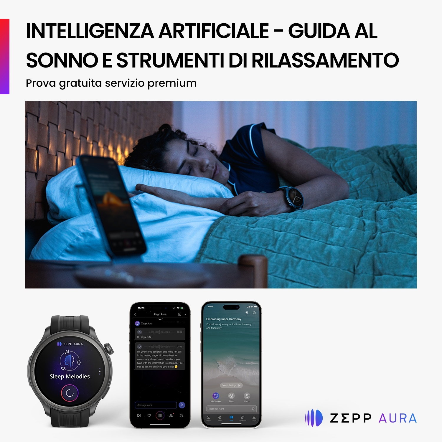 Una donna dorme con uno smartphone e uno smartwatch vicino.