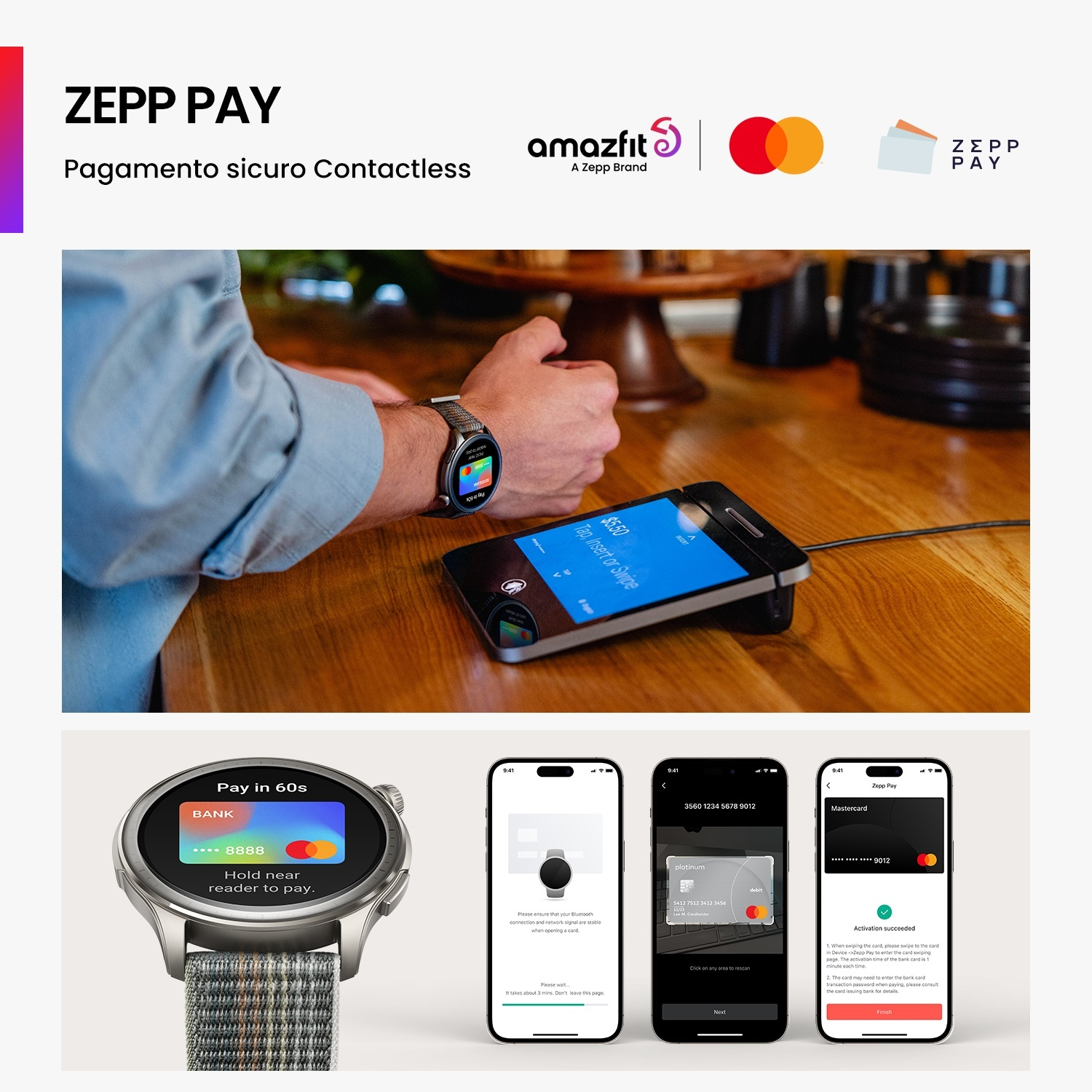 Uomo usa smartwatch Amazfit per pagamento contactless con Zepp Pay.