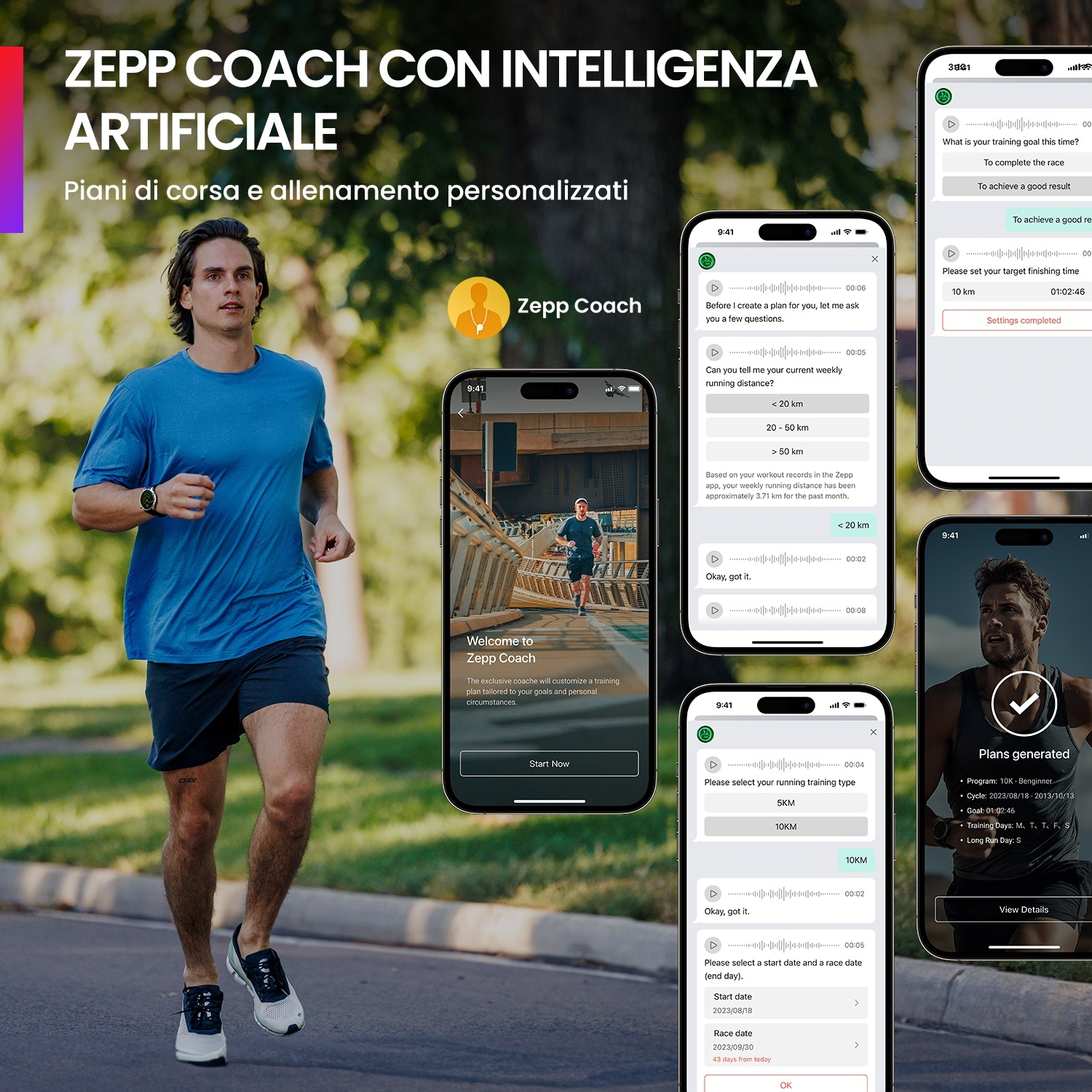 Uomo che corre, con schermi di telefono che mostrano piani di allenamento.