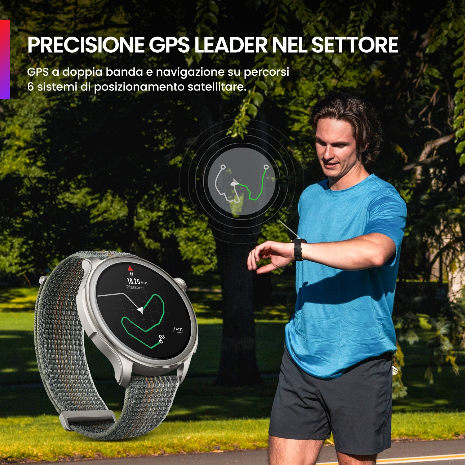 Uomo con orologio sportivo all'aperto, mostra dati GPS sul display.