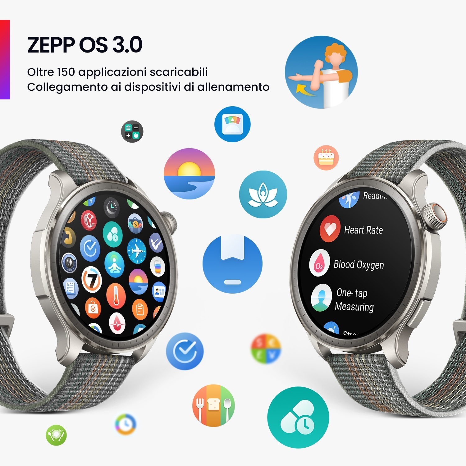 Due smartwatch con interfaccia Zepp OS 3.0 e icone app. Una mostra app, l'altra dati salute.