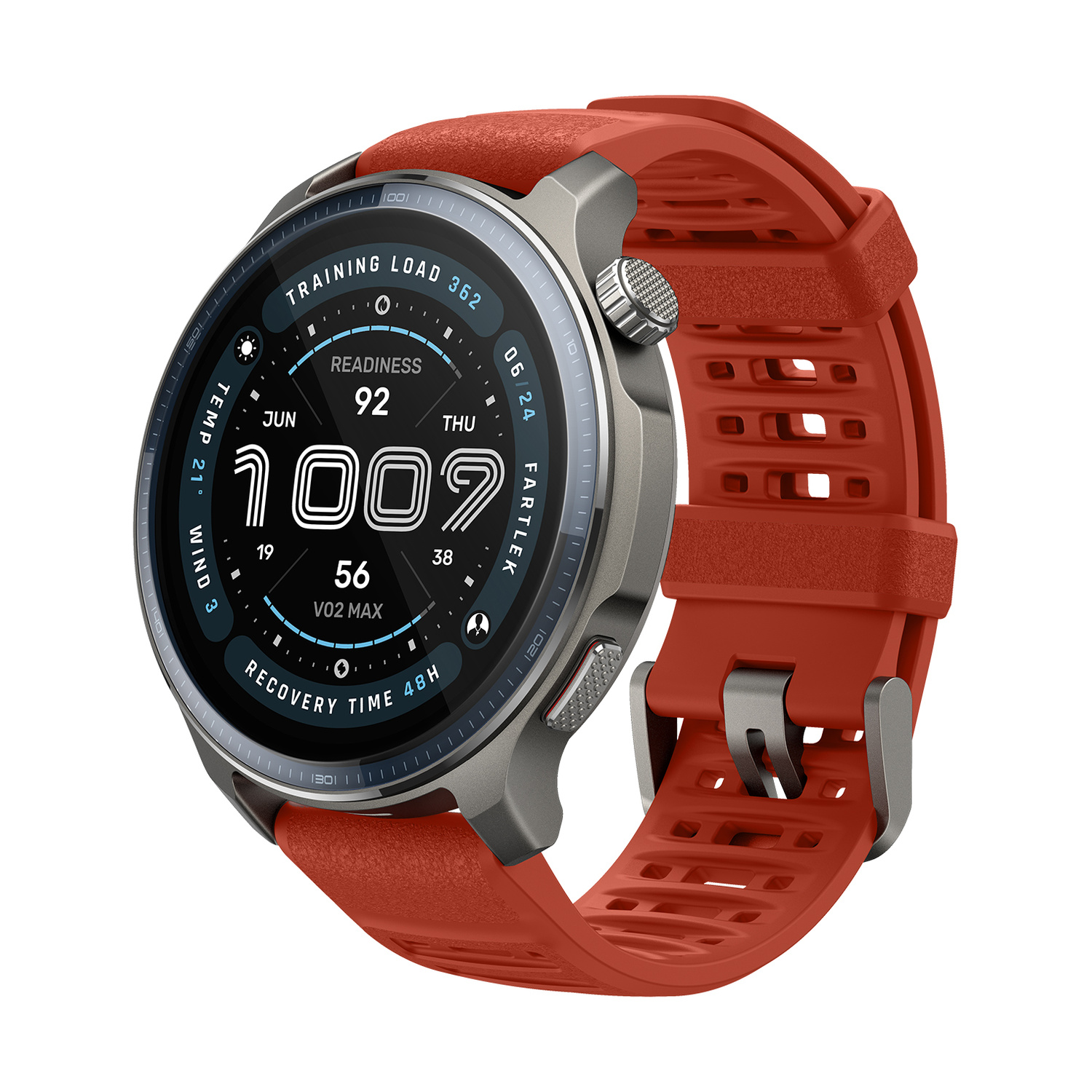 Uno smartwatch arancione con quadrante rotondo e accenti argentati.