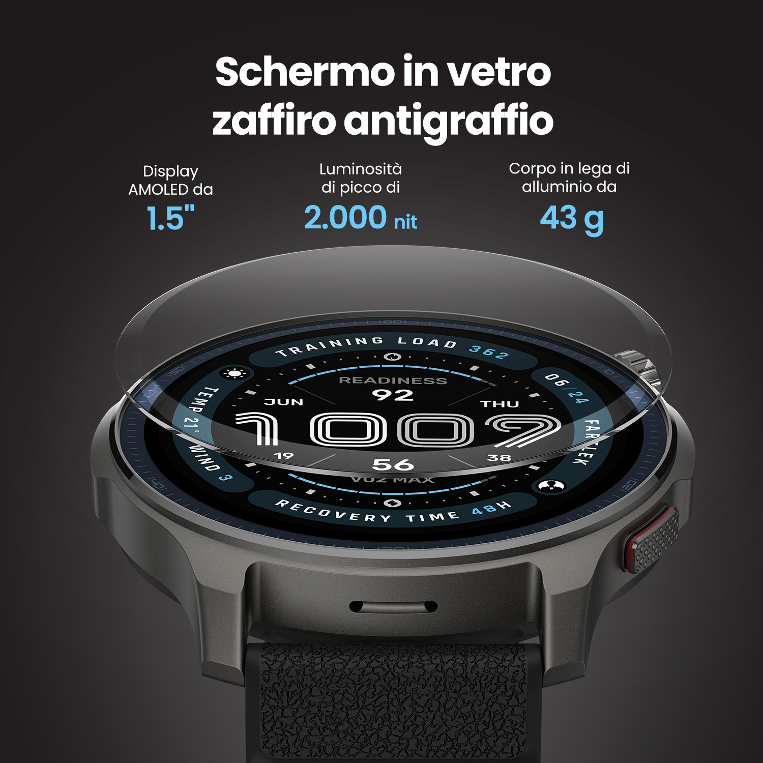 Smartwatch grigio con display touchscreen che mostra dati di allenamento.