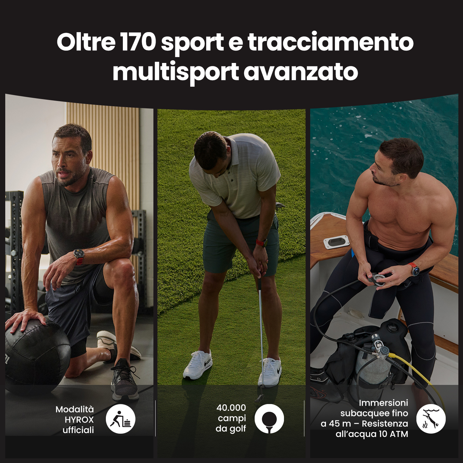 Tre uomini in scenari sportivi: fitness, golf e immersioni. Oltre 170 sport.