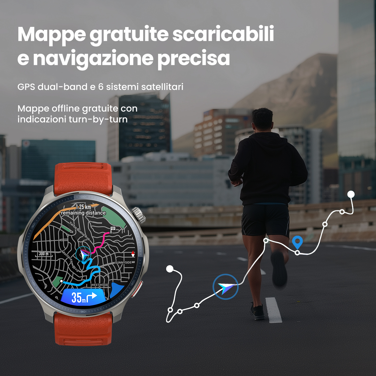 Smartwatch con mappa di navigazione, uomo corre su strada. Percorso grafico.