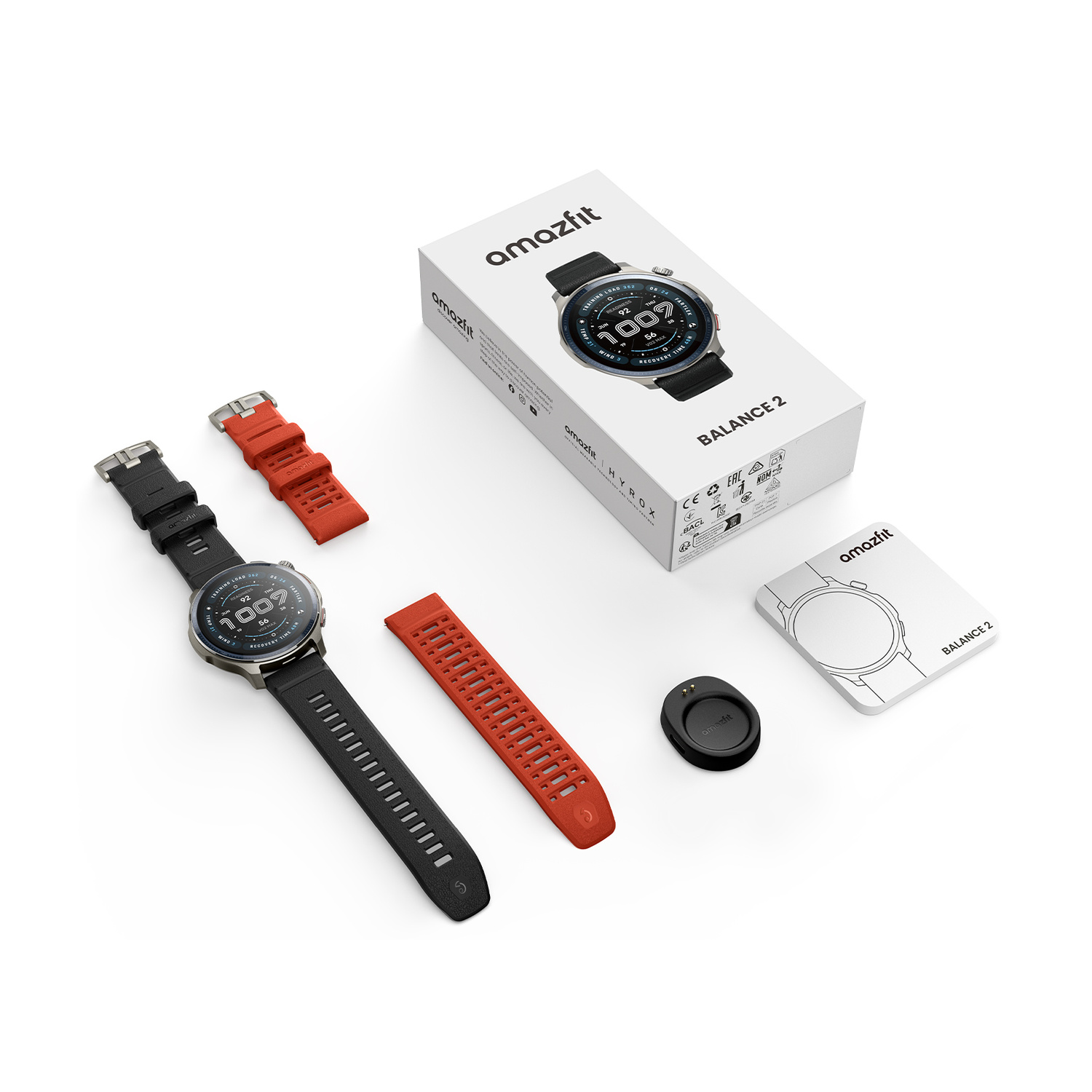 Smartwatch Amazfit Balance 2 con cinturini neri e rossi, caricabatterie e confezione.