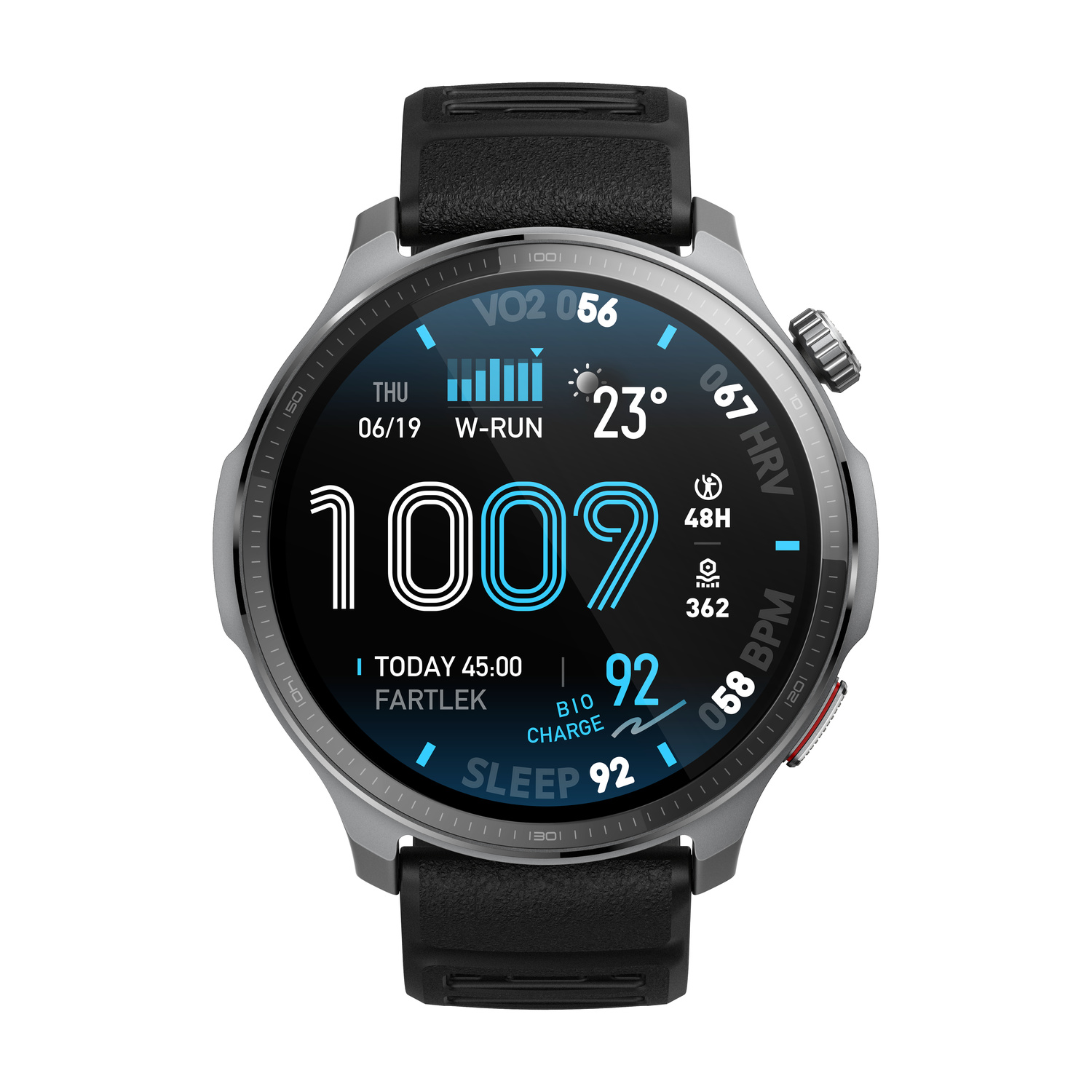 Smartwatch grigio con cinturino nero, mostra 1009 passi, 23°C e dati del sonno.