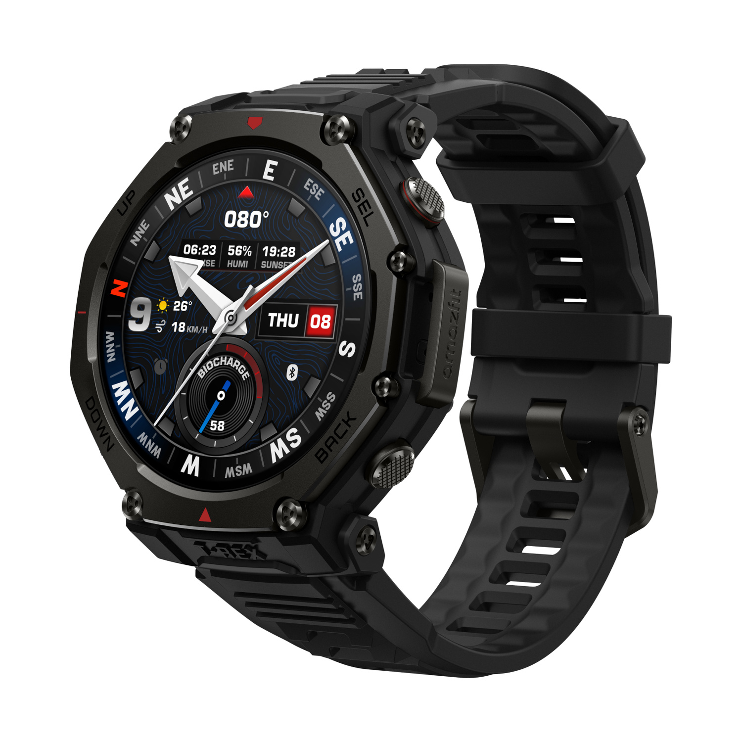 Uno smartwatch nero con quadrante digitale rotondo e dettagliato che mostra bussola, ora, data e meteo.