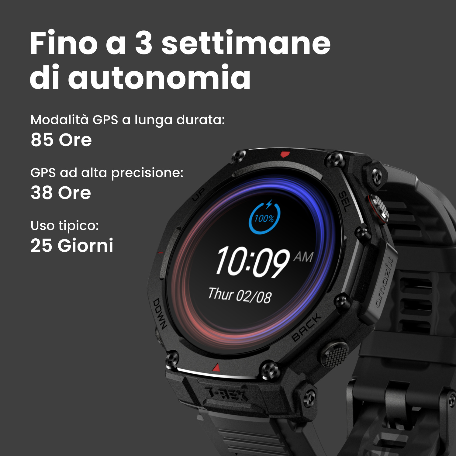 Smartwatch nero con display digitale, mostra 10:09 e 100% di batteria.