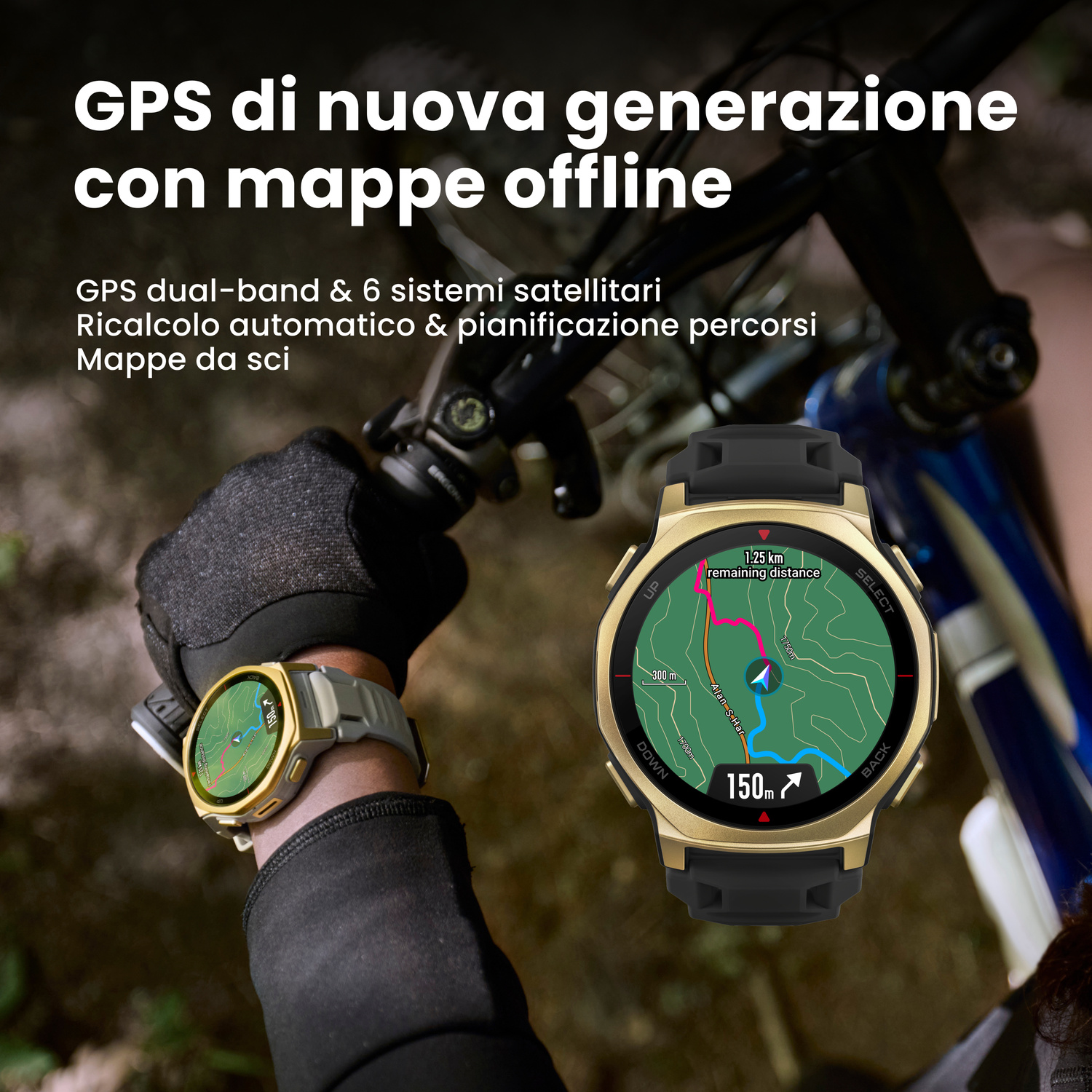 Un ciclista indossa un orologio smart dorato con mappa.