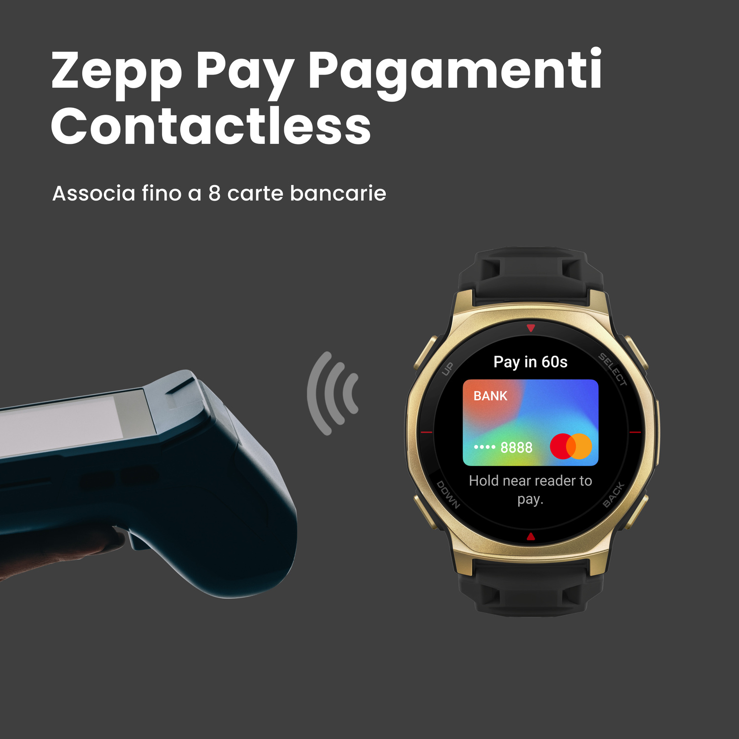 Smartwatch dorata mostra schermo pagamento con carta e terminale.