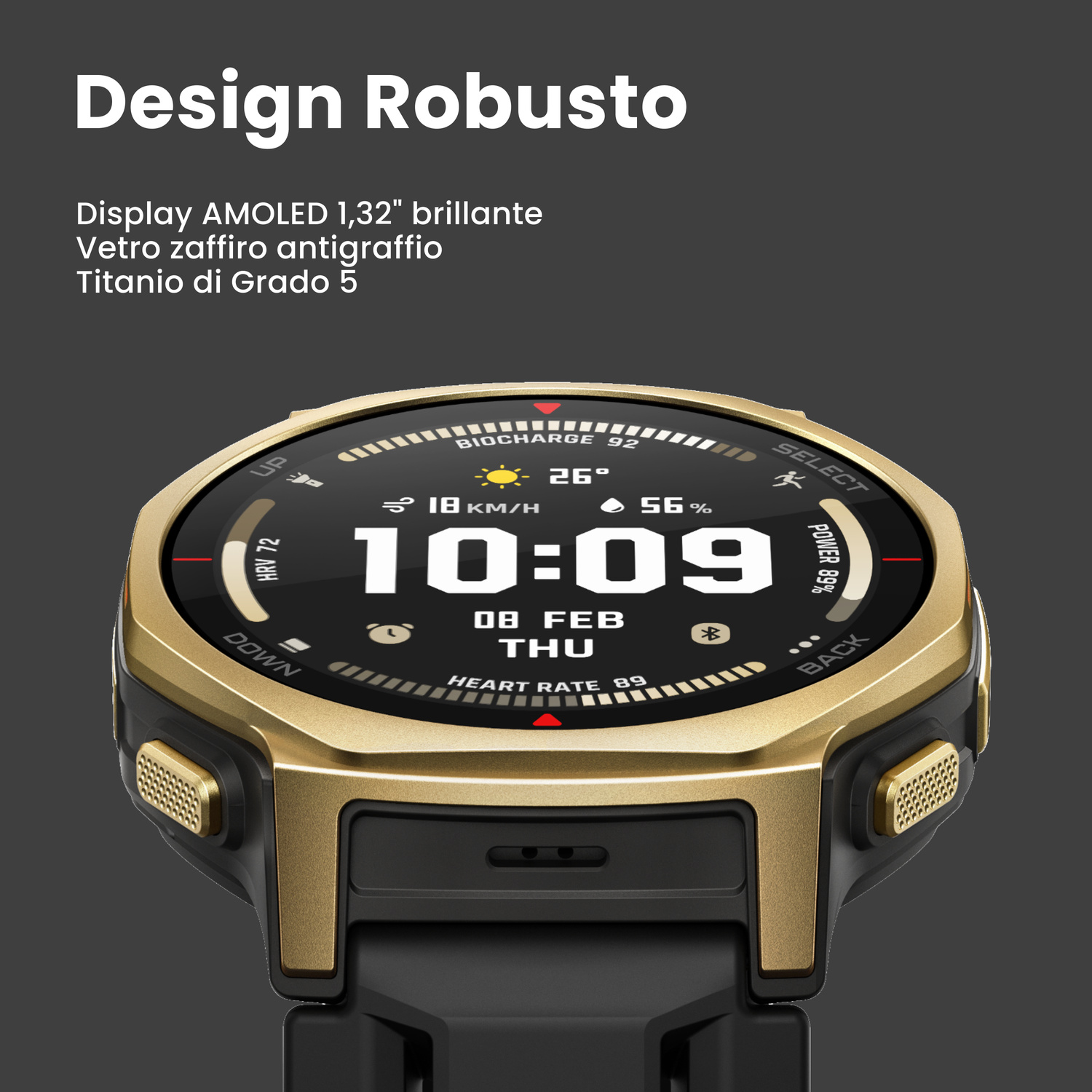 Smartwatch dorato con cinturino nero, mostra ora 10:09, data, battito cardiaco, 26 gradi.