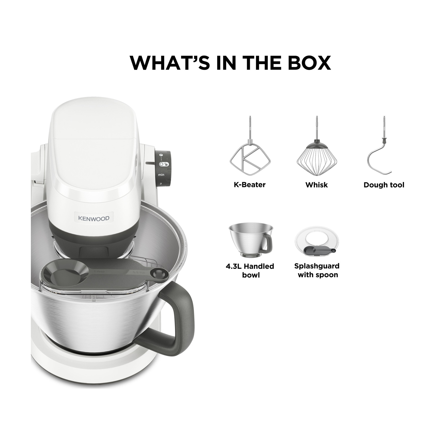 Un robot da cucina Kenwood bianco con accessori: frusta K, frusta, gancio impastatore, ciotola, paraspruzzi.