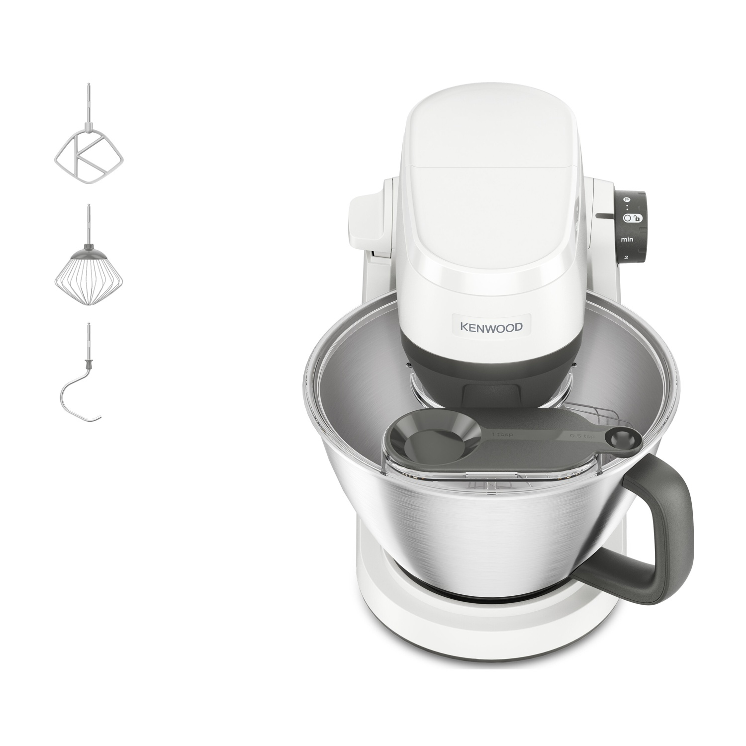 Una planetaria Kenwood bianca con ciotola in metallo e tre accessori.