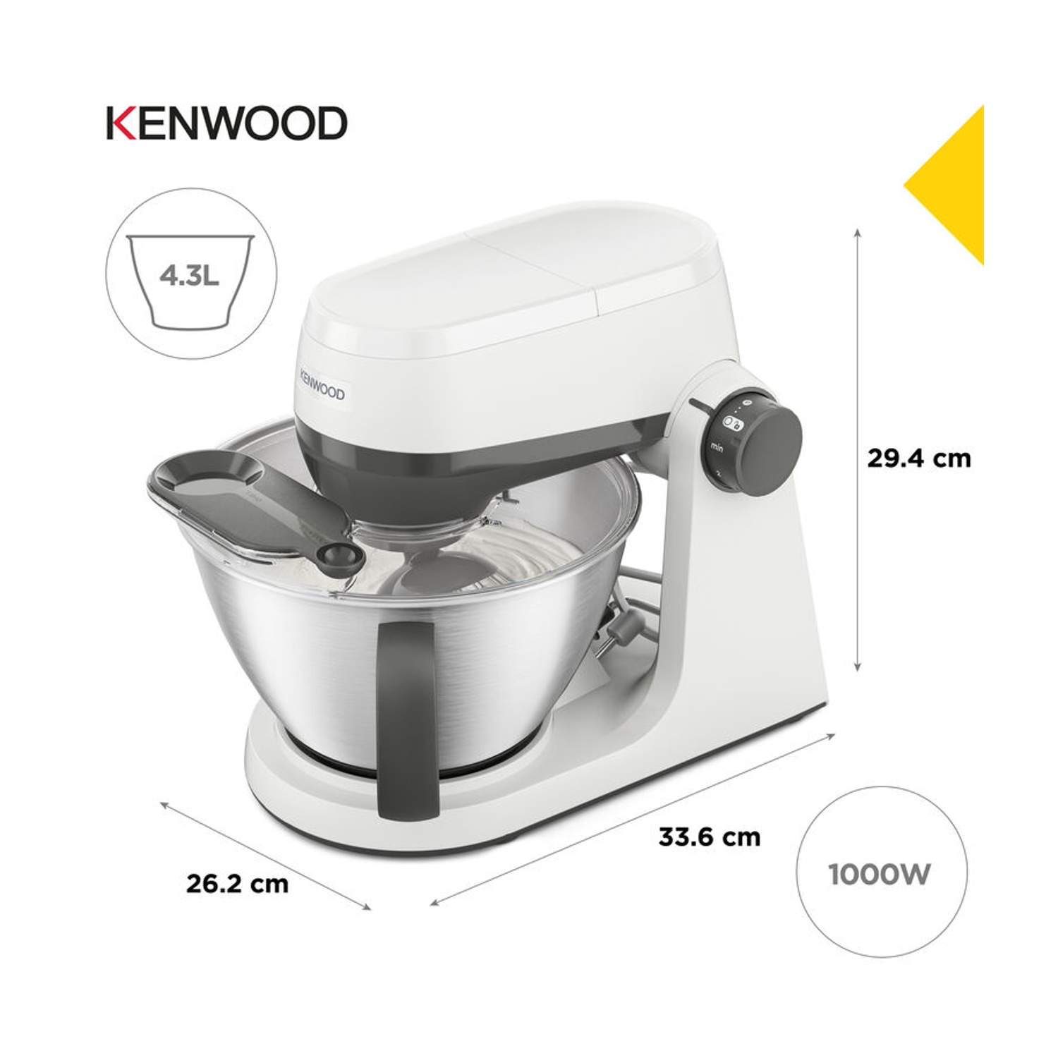 Un robot da cucina Kenwood bianco con ciotola in acciaio, 4,3L, 26,2x33,6x29,4cm, 1000W.