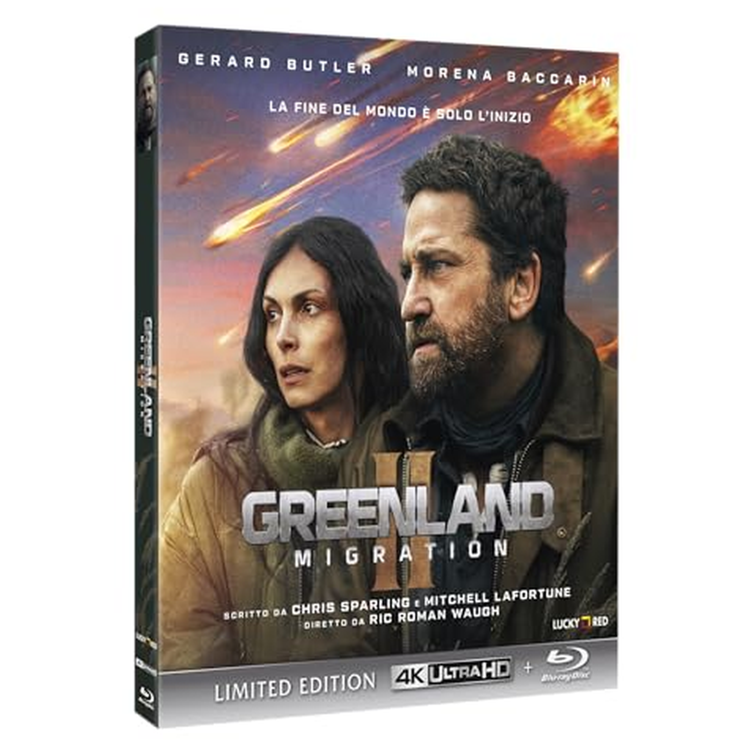 Couverture de film avec Gerard Butler et Morena Baccarin, météores dans le ciel.