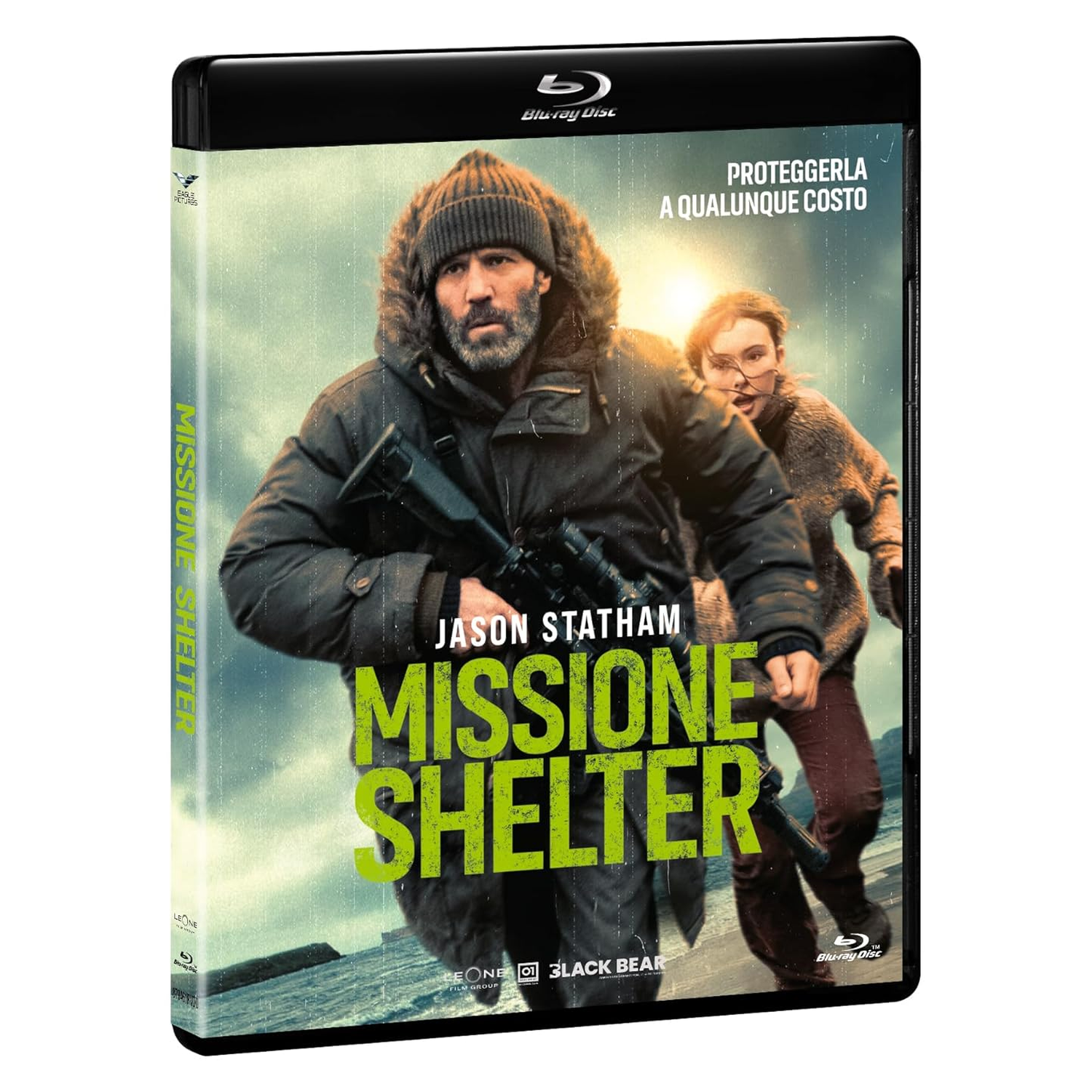Blu-ray hoes: Jason Statham en een meisje rennen. Titel: Missione Shelter.