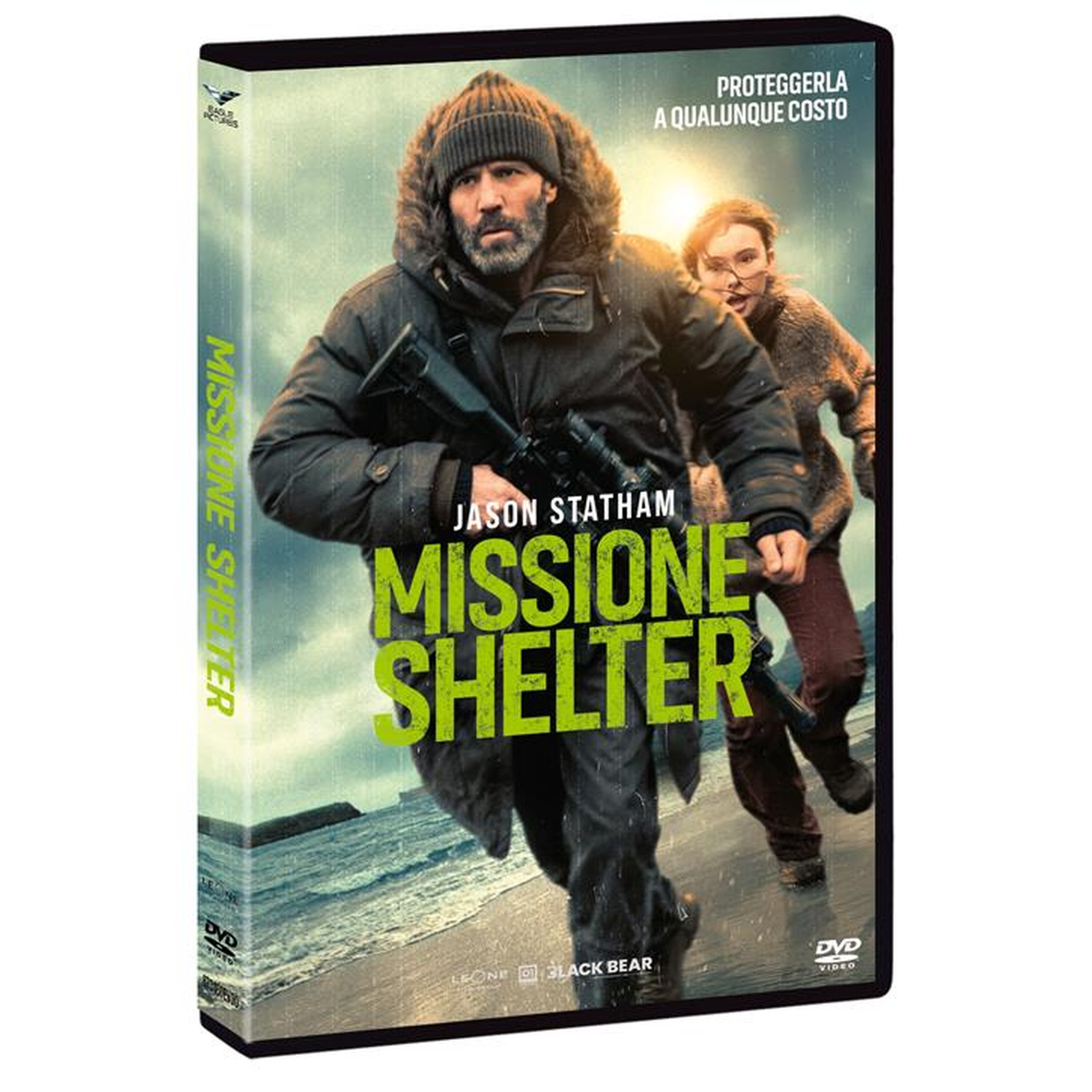 DVD-hoes van 'Missione Shelter' met Jason Statham die rent met een wapen.