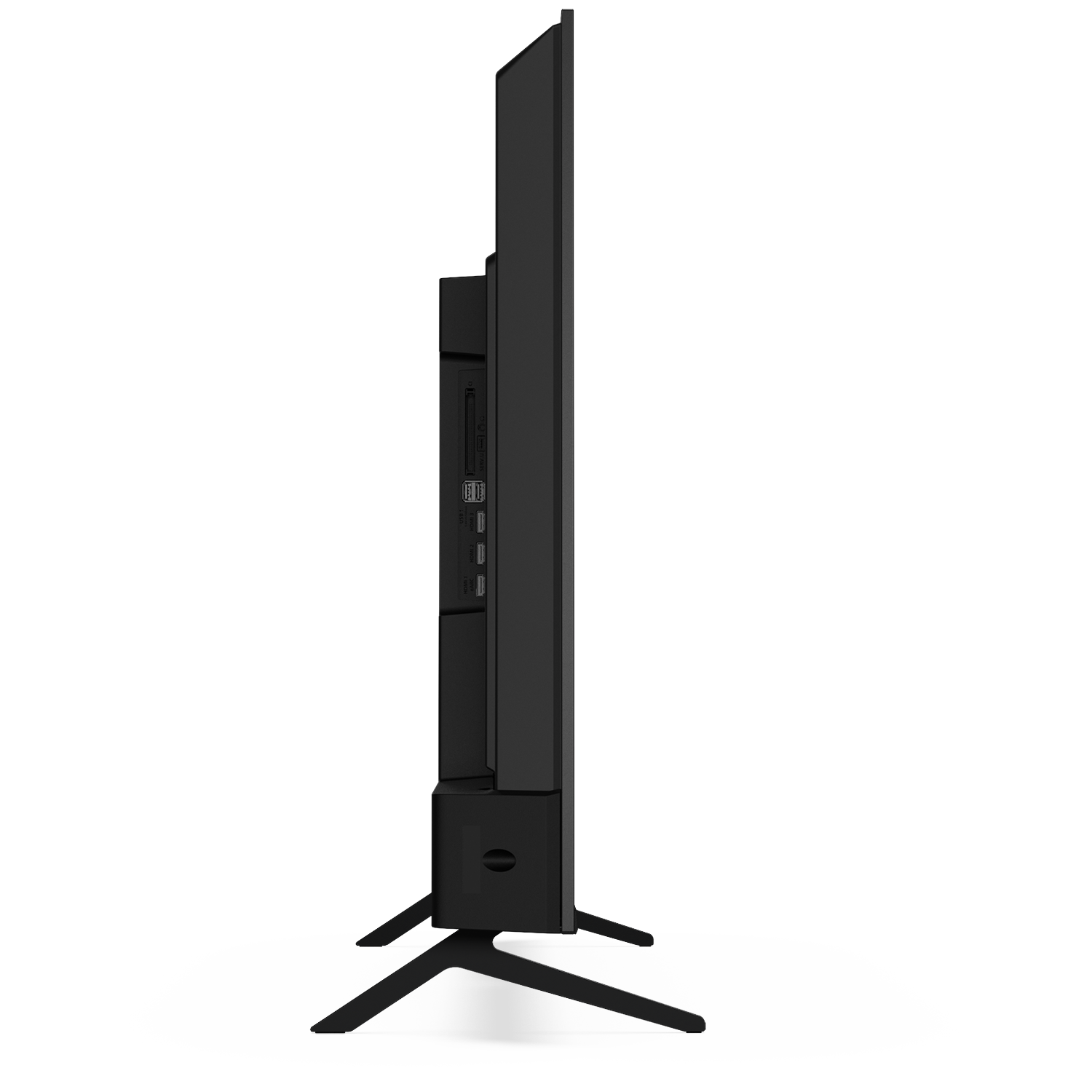 Zwarte televisie met zijpoorten en standaard op witte achtergrond.