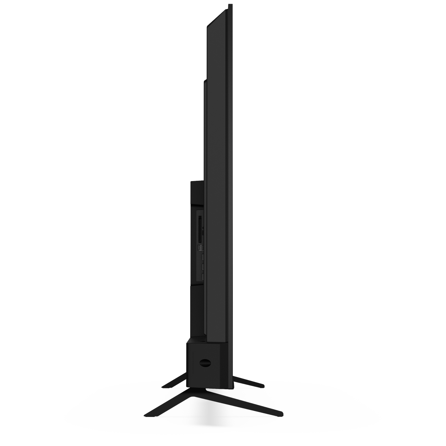 Zijaanzicht van een zwarte flatscreen-tv op een standaard, geïsoleerd op een witte achtergrond.