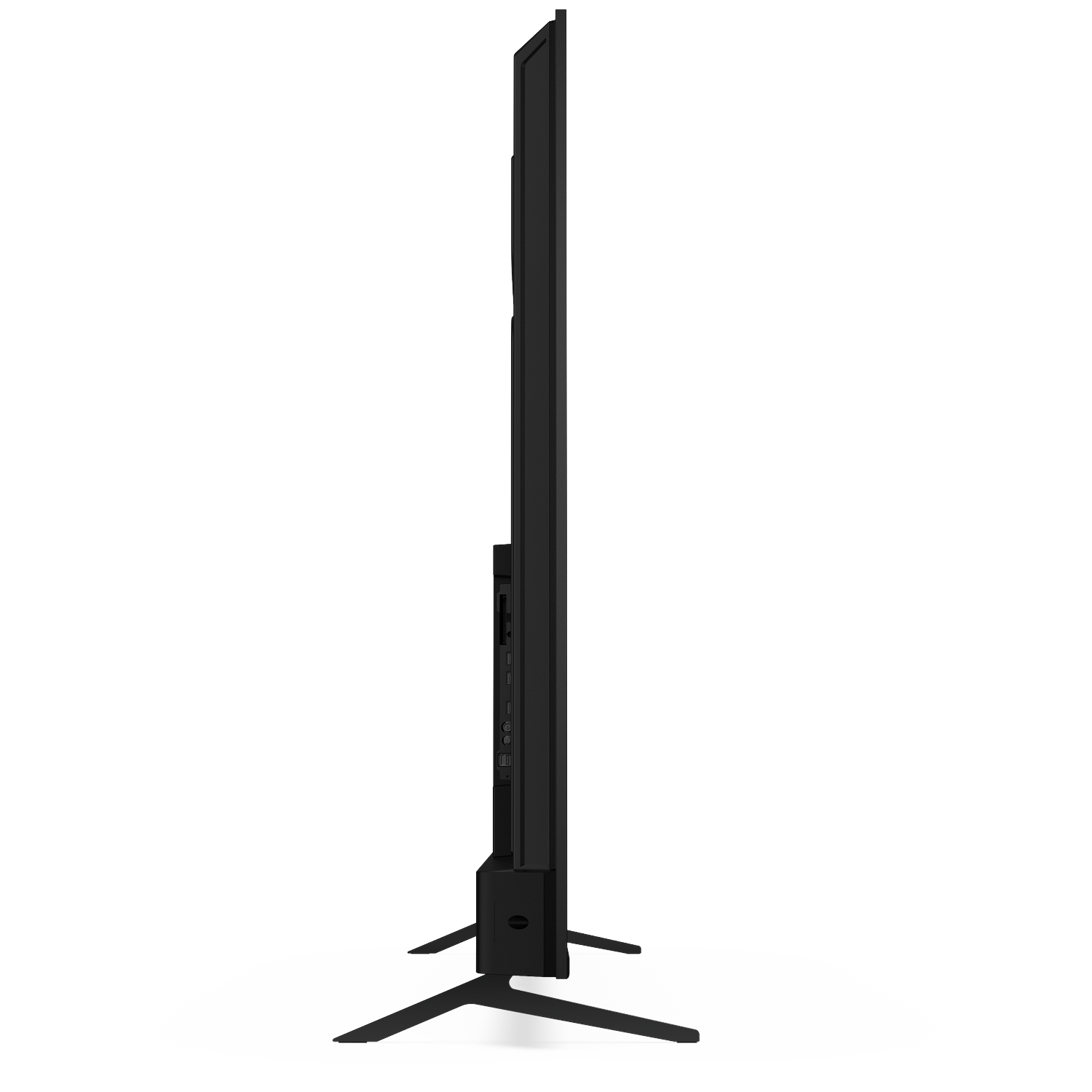 Zijaanzicht van een slanke zwarte flatscreen-tv op een standaard, met aan de zijkant zichtbare poorten.