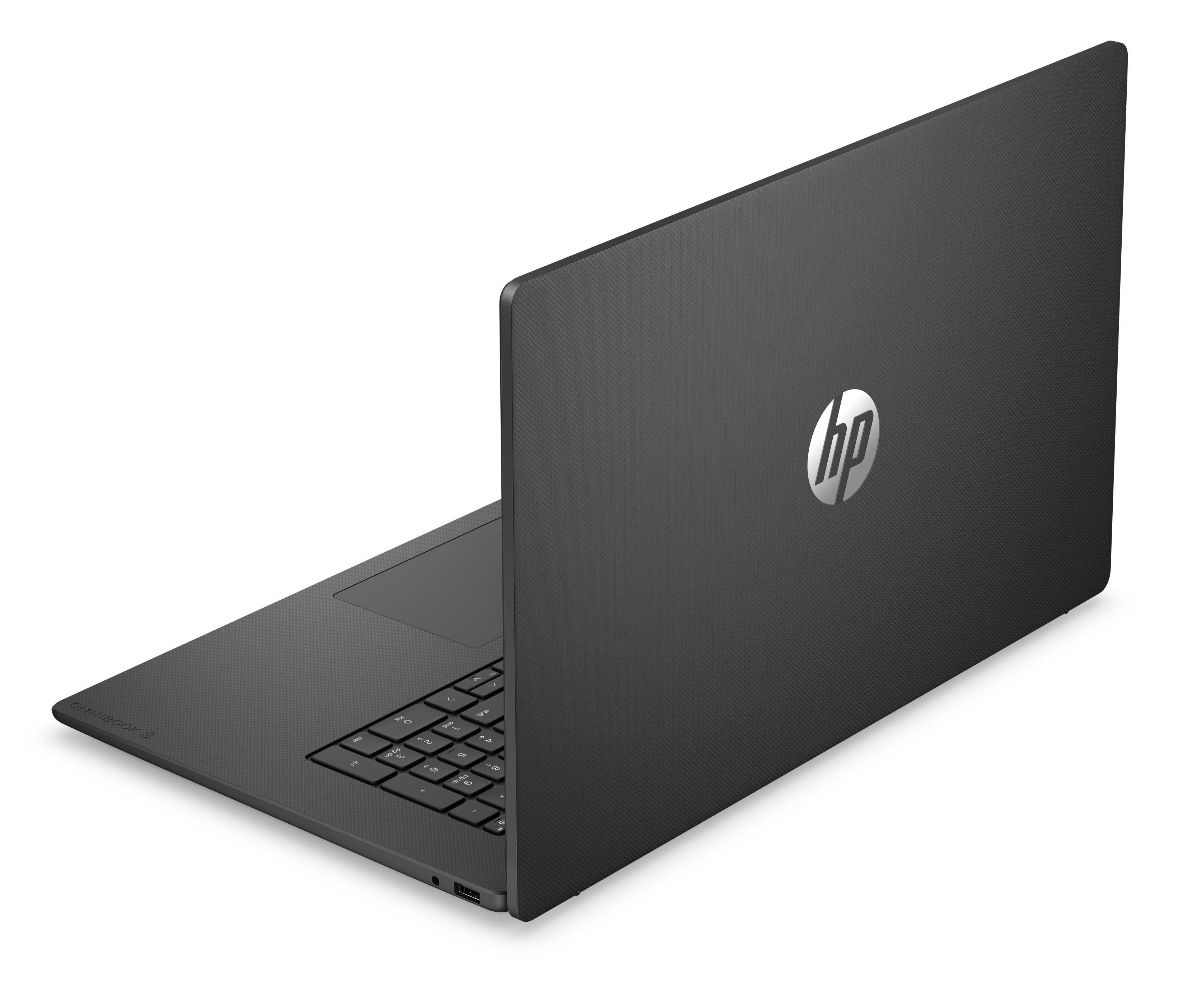 Ein geschlossener, dunkler HP Omnibook 3 Laptop mit Tastatur und Touchpad.