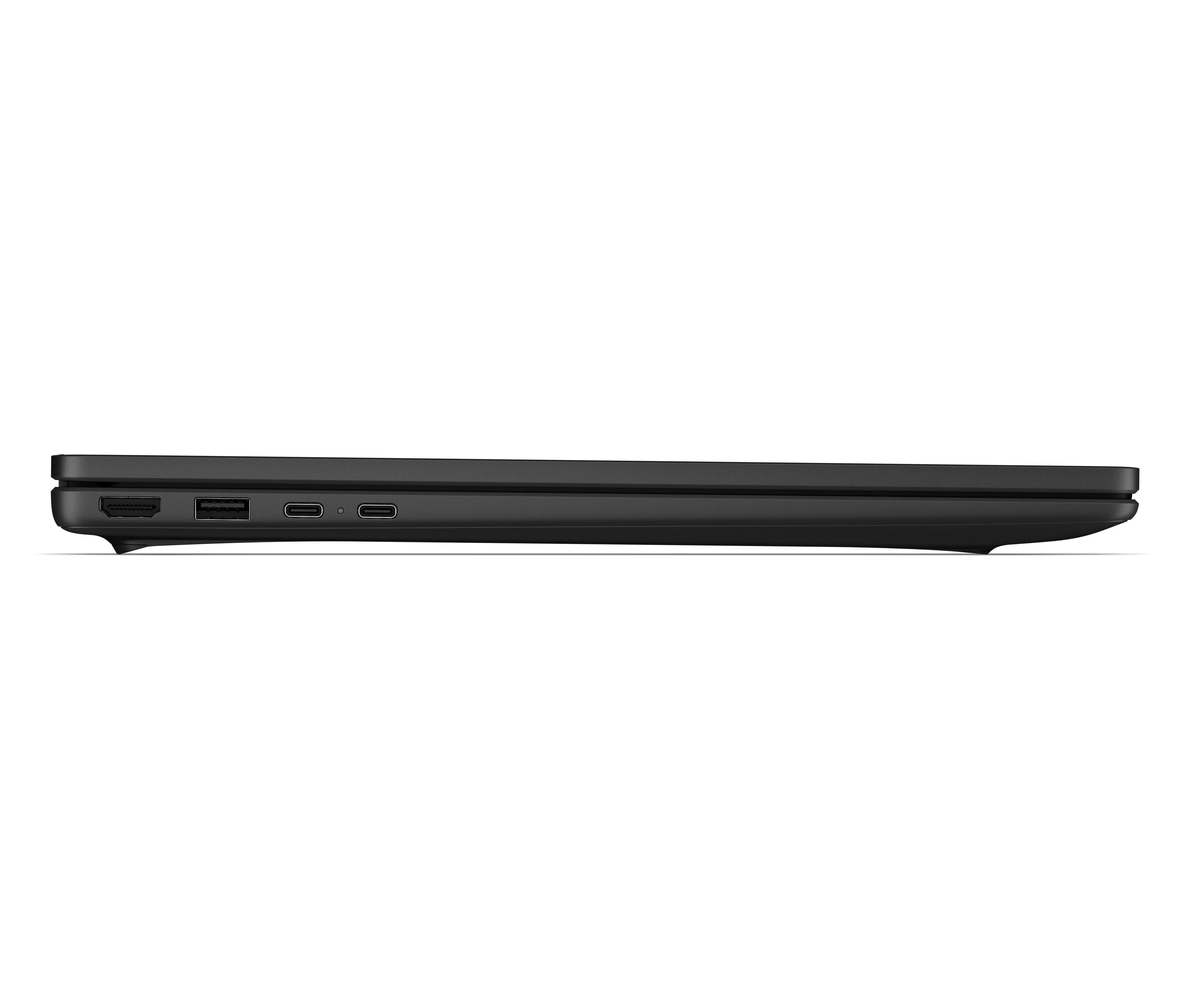Seitenansicht eines dunkelgrauen Laptops mit Anschlüssen: HDMI, USB-A und zwei USB-C.