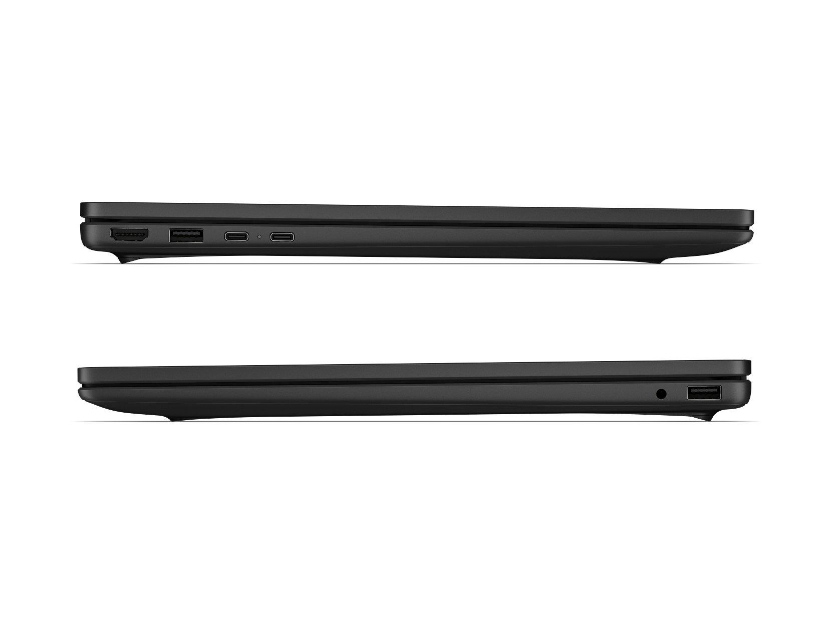 Seitenansicht eines geschlossenen schwarzen Laptops mit Anschlüssen.