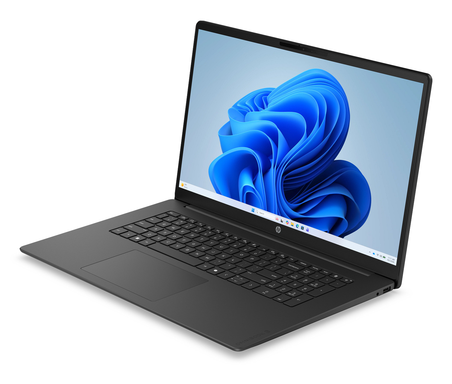 Schwarzer Laptop mit blauem Hintergrundbild auf dem Bildschirm.