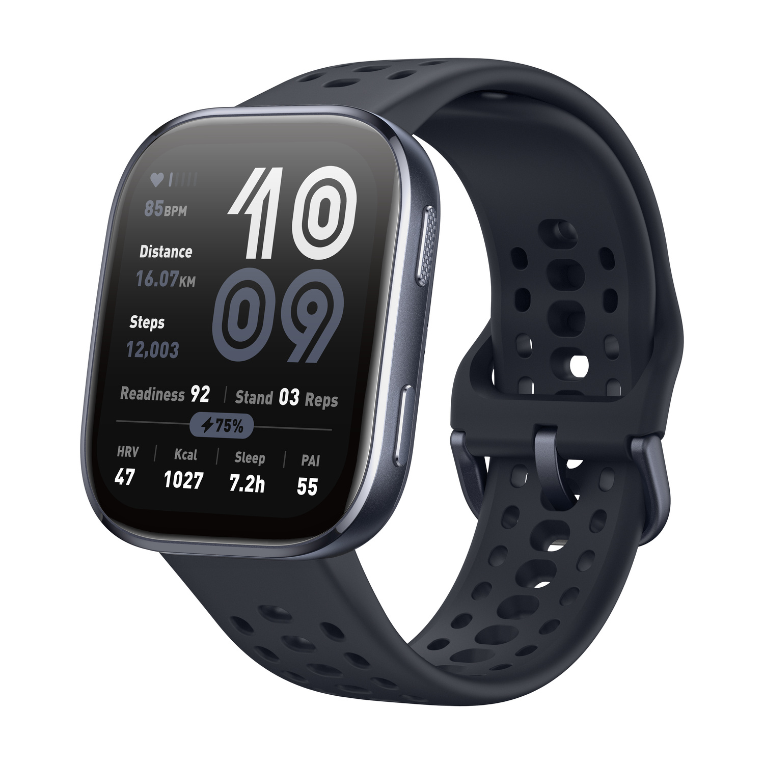Uno smartwatch scuro con quadrante rettangolare che mostra frequenza cardiaca, distanza e passi.
