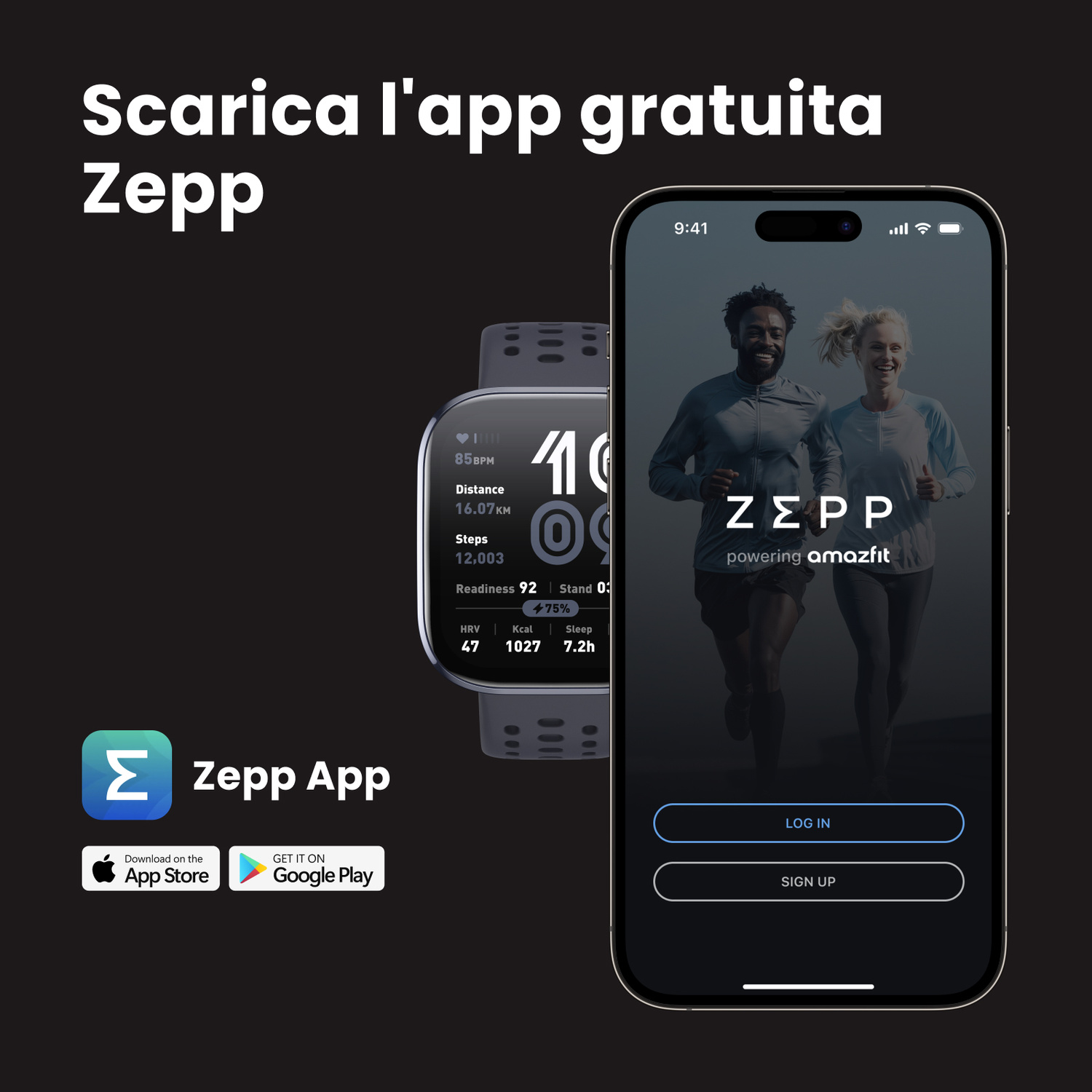 Uno smartphone mostra l'app Zepp con una coppia che corre. Uno smartwatch mostra dati fitness.