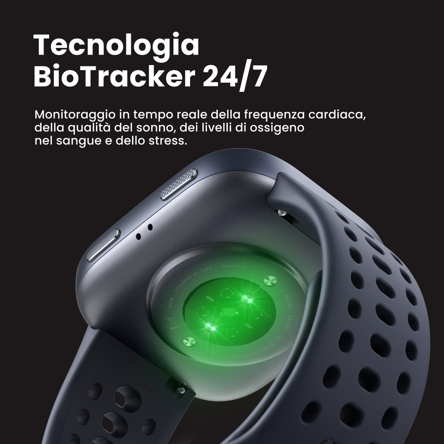 Retro di uno smartwatch con sensori verdi luminosi e cinturino scuro.