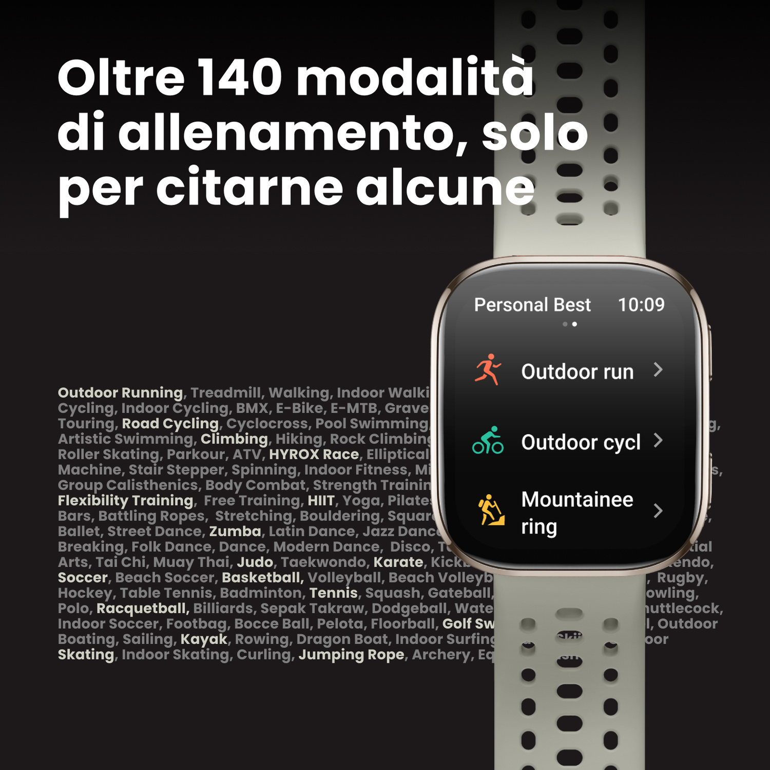 Uno smartwatch con cinturino chiaro mostra "Outdoor run" sullo schermo.